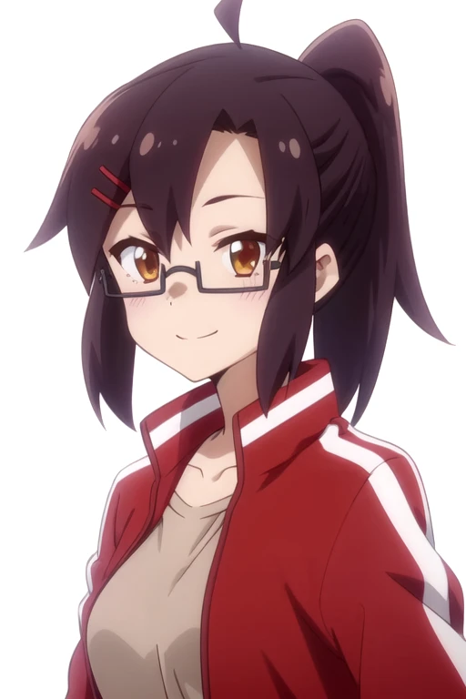 solo, 1girl, looking at viewer, 2D, anime, official style, anime coloring, anime screencap, upper body, (simple background, solid white background:1.3), <lora:yasuko-senko:0.8>, yasuko kouenji, glasses, hairclip, ponytail, shirt, track jacket, ahoge, smile