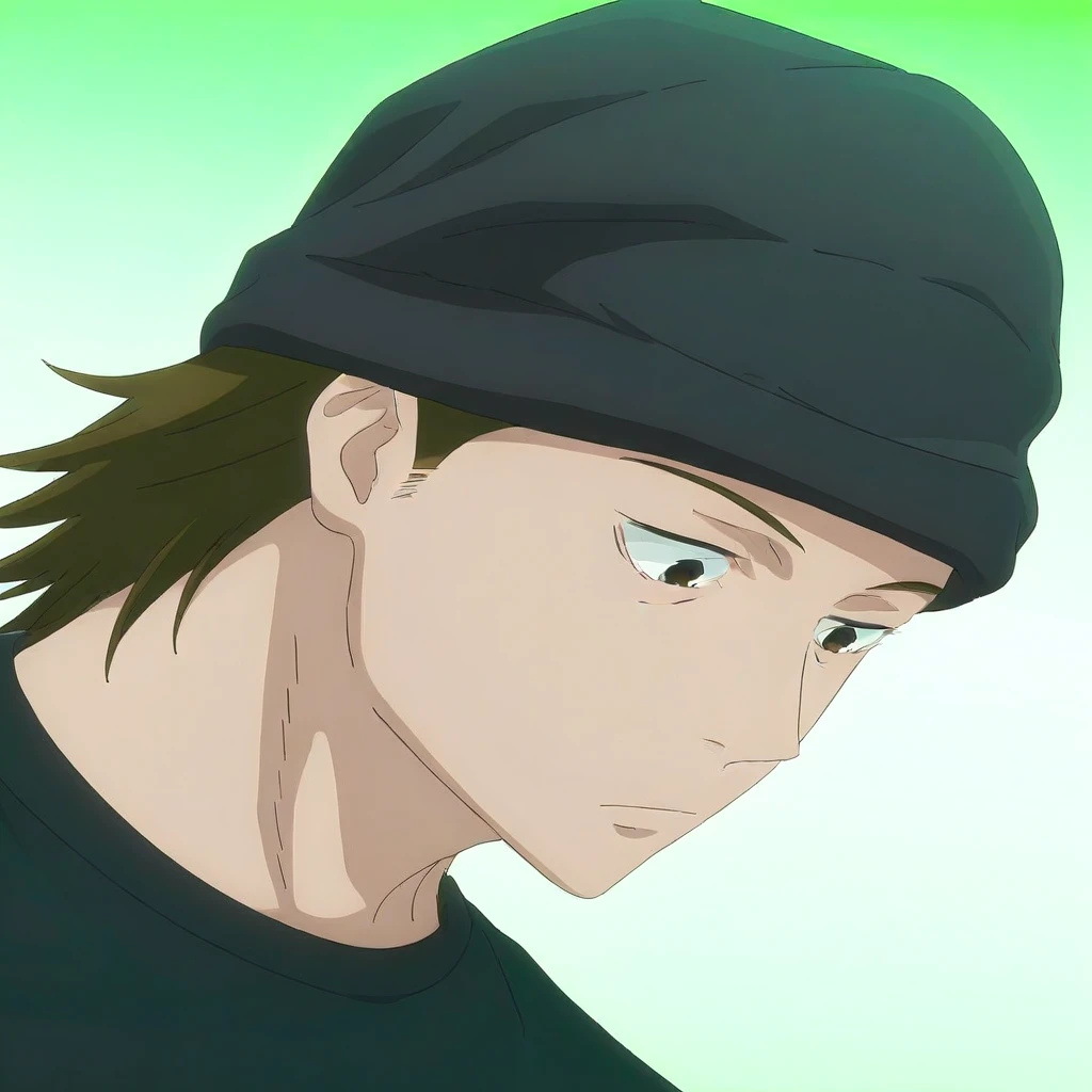 beanie, looking down, brown hair, blurry, black pants, white background, shirt, gradient background, simple background, anime coloring