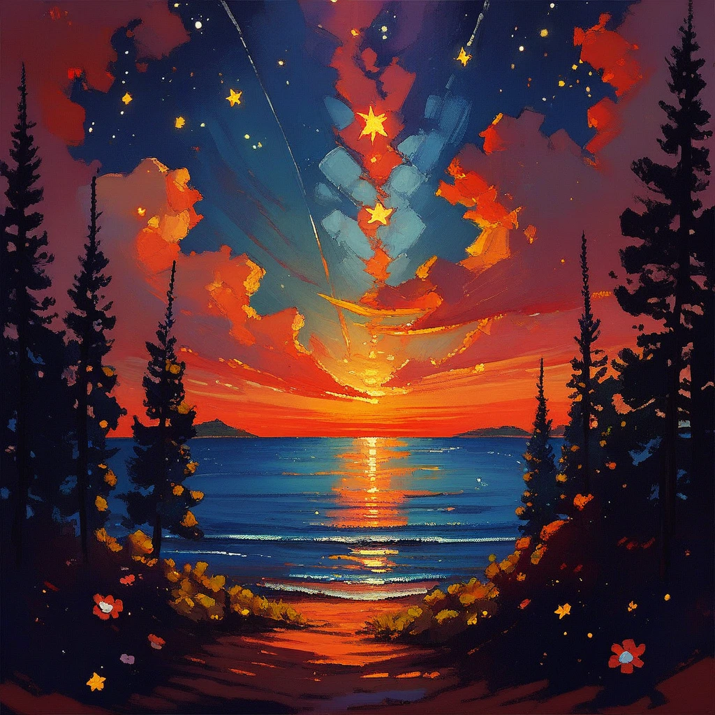 score_9, score_8_up, score_7_up, score_6_up, flux-scenery-pny, nature, sunset, stars, night and day, painting