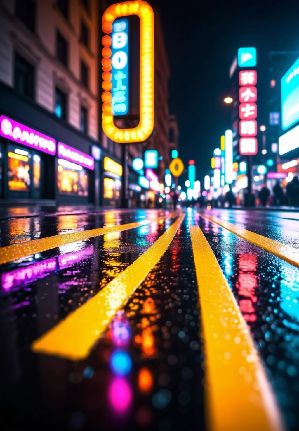 low-angle view of a wet city street at night, vibrant bokeh lights reflecting off the pavement, blurred streetlights and traffic lights in the background, rich and saturated colors, dynamic composition, captured with the highest quality cinema camera used in blockbuster movies, Tiffen Black Pro-Mist 1/4 filter, PolarPro QuartzLine ND8 filter, Schneider Hollywood Black Magic filter, high dynamic range, 8K resolution, unparalleled detail and color accuracy. <lora:BDetailedv3-000007:1>