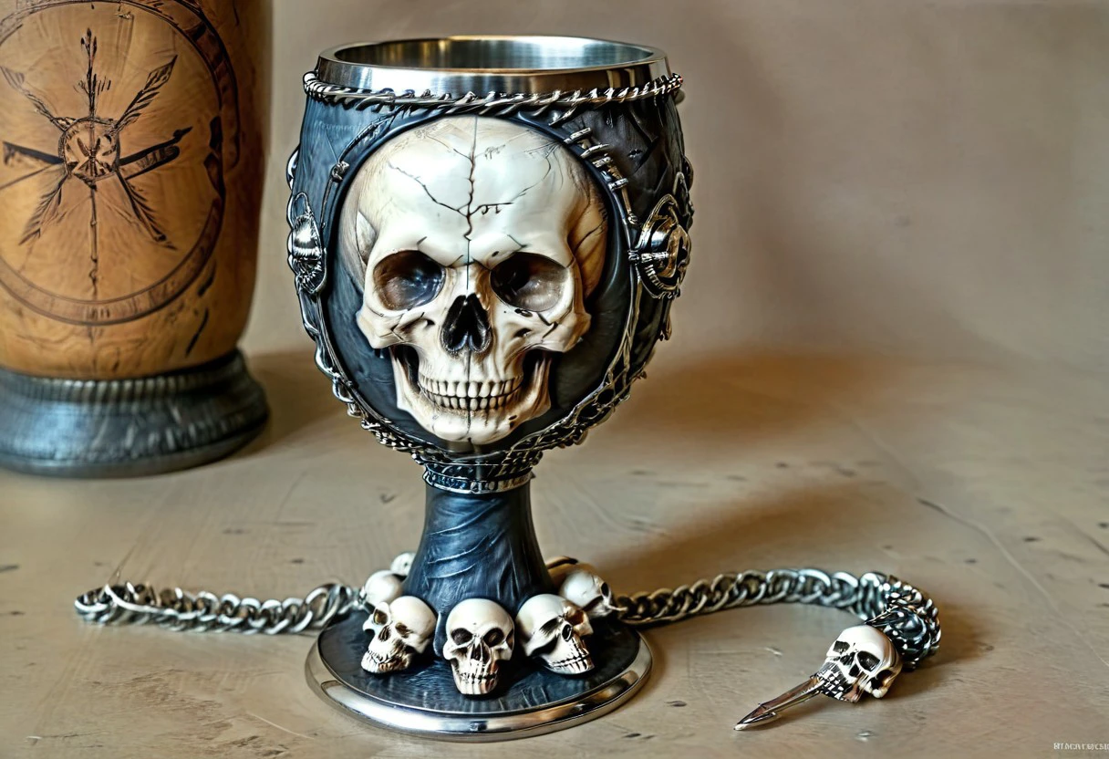 Ultra realistic with high quality and ultra detail with excellent focus and contrast, photorealistic image style, ultra realism, high definition of 1 object Metal style goblet with engraved skulls and bones, chains, there are spikes