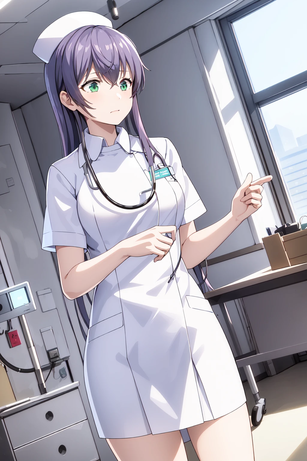 (RAW photo, best quality), wide angle photo, masterpiece, 1girl,  natural lighting
hospital, operating room, 
(((White))) nurse uniform smooth, nurse, nurse hat, stethoscope  <lora:NurseUniform0_1:0.7>,
<lora:ss_sasha_lc_1_2:1> ss_lc_sasha