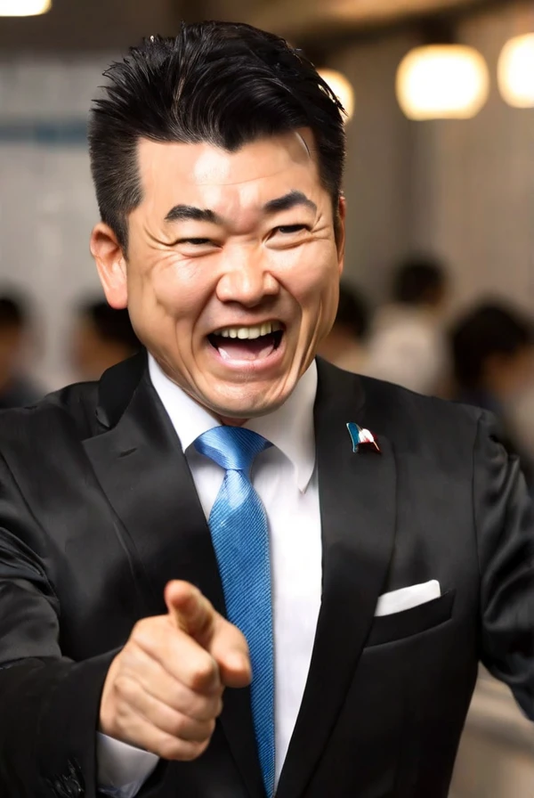 <lyco:Izumi_Kenta:1.0>, highly detailed professional 8k raw photography, best hyperrealistic quality backgrounds, volumetric real-time lighting and shadows, middle aged man, asian, black hair, wearing  black suit and blue tie, white shirts under the black suit, Asian, (Izumi Kenta) is pointing at you, laughing, close up, indoors background