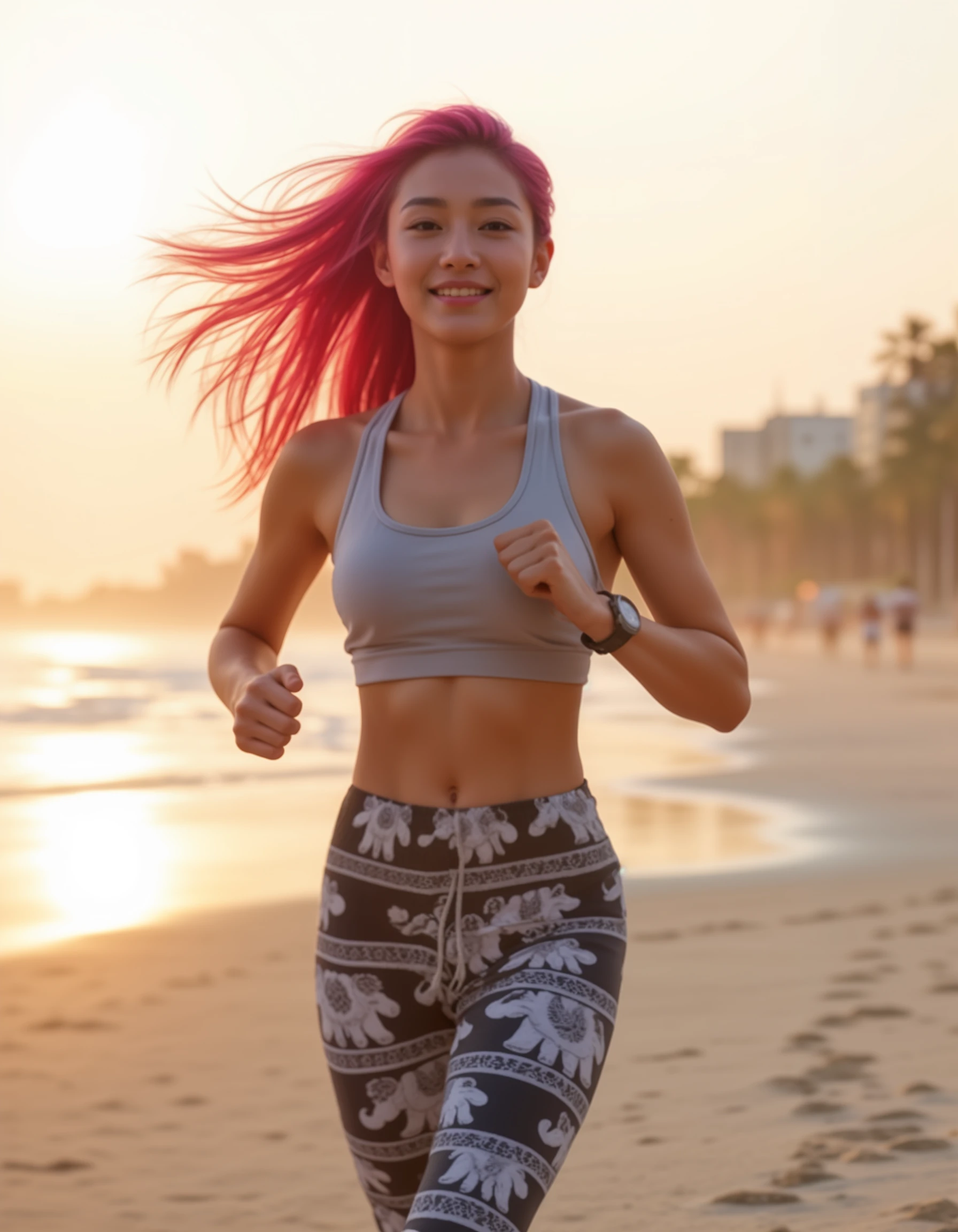 "changpant, elephant-patterned pants, a beautyful woman 25yo long pink hair ,in a sporty tank top, jogging along a a beach,moring light,rim light,goden hour

<lora:Thai_Elephant-patterned_pantsFlux:1.0>