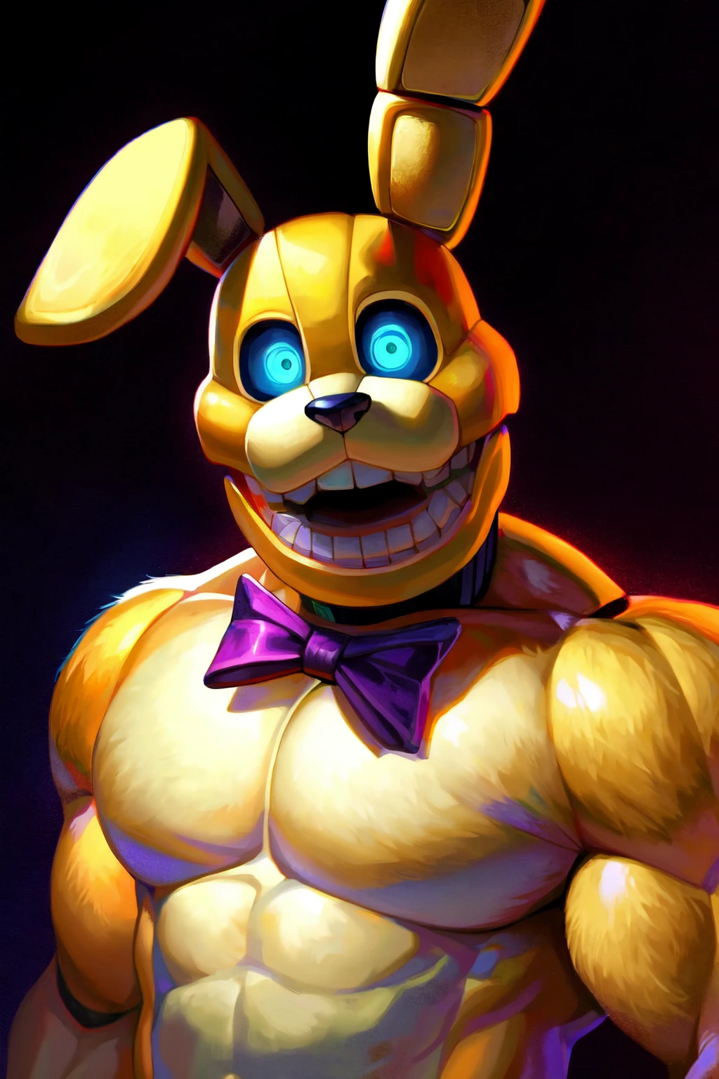 (pitbonnie), furry, open mouth, rabbit, half body, daddy, dad body, dad and son, 2boys, muscular, blue eyes, glowing eyes, purple bow, solo, bright background, detailed, looking at viewer, (masterpiece, best quality:1.3), hi res, absurd res, 4k, detailed eyes, perfect anatomy, by null-ghost, by raccoon21 <lora:add_detail:0.75> <lora:PitBonnie-v1:0.88>