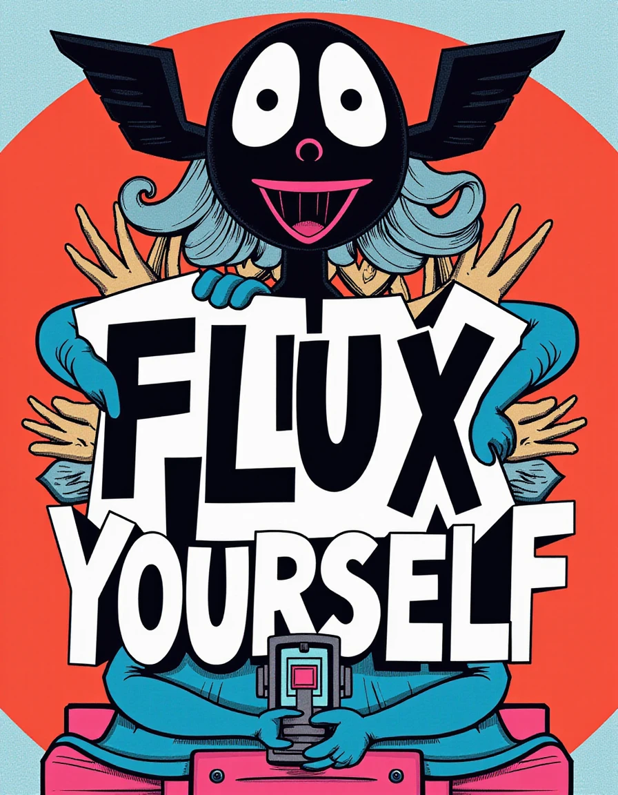 foreground text that says "Go FLUX Yourself" as a stylised poster in the background add, {
"prompt": "Muppet Star Wars meets a world where Brass Gadgets reign supreme. A mysterious woman with a rebellious streak and strong-willed obstinacy must navigate through this futuristic society, standing defiantly as she faces every challenge with set determination, her mouth firmly in a determined set."
}