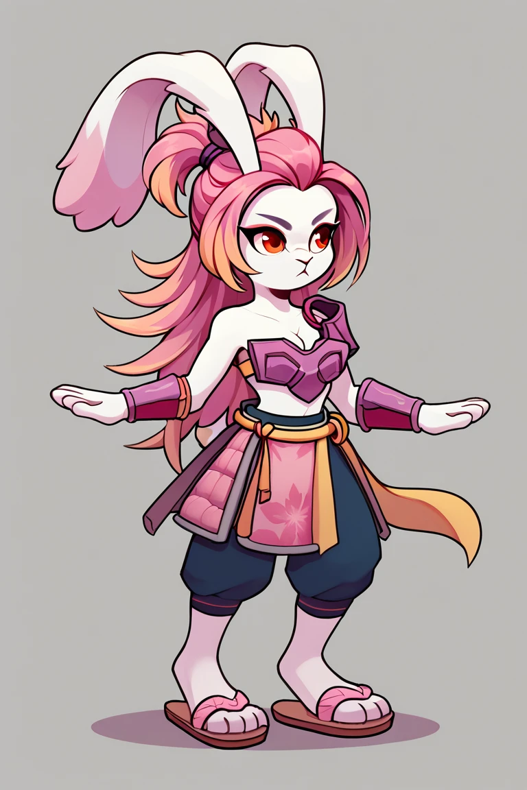 score_9, score_8_up, score_7_up, GunFireTao, bottomwear, bracelet, bracers, breastplate, cleavage, dipstick hair, floppy ears, footwear, lagomorph, leporid, long ears, long hair, mammal, midriff, navel, pants, pauldron, pink hair, pink nose, red eyes, sandals, white body, 
