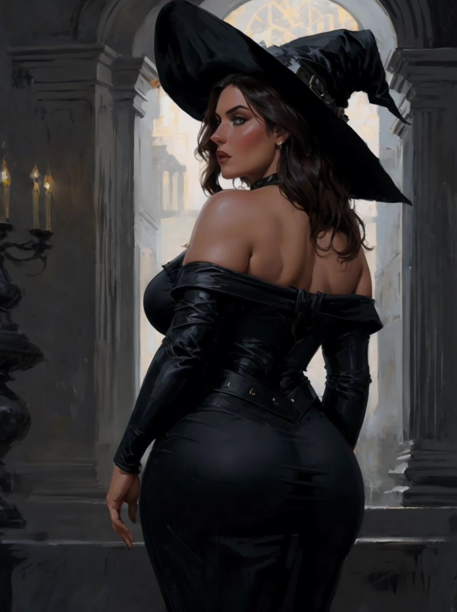 full body portrait of Susanne Klaudia Bakó as a milf, perfect feminine curvy body, (muscular:0.5), witch hat, dynamic pose, back view from below, oil painting, loose brushwork, captures feeling over form, soft lighting, Fashion editorial style, High fashion, trendy, stylish, editorial, magazine style, professional, highly detailed, gothic style, dark, mysterious, haunting, dramatic, ornate, detailed