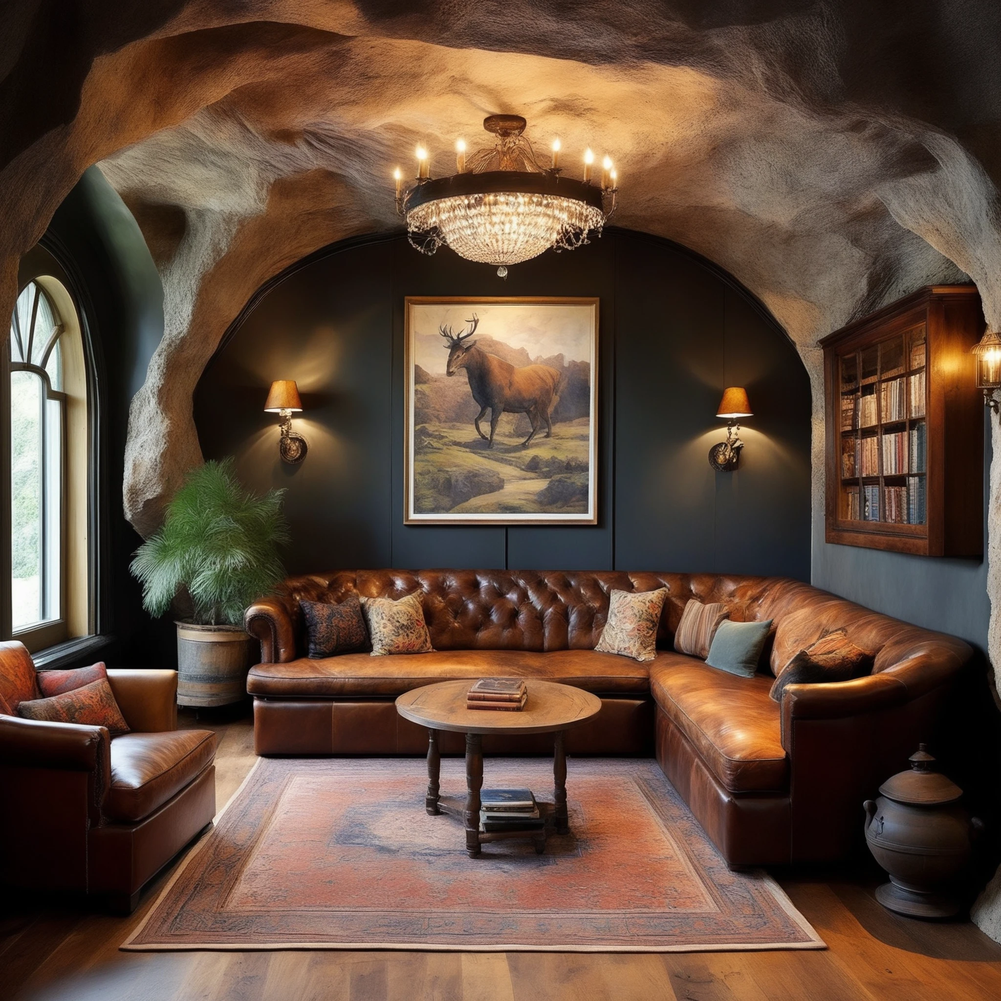 FRESHIDEAS Cave home,Design an English-style cave interior space. The cave walls are **** of natural stone with deep brown wooden wainscoting,creating a warm and rustic atmosphere. The room features deep-colored leather sofas,a large wooden dining table in the center with high-back chairs,and antique wooden cabinets. The floor is covered with dark wood or marble tiles. The space is lit by metal chandeliers and antique bronze wall sconces,casting a warm,inviting glow. The walls are adorned with classic hunting-themed paintings and an old-fashioned clock. A cozy reading nook is set near the cave's natural window,with a comfortable armchair and bookshelves. Add Persian rugs and vintage textiles with plaid or floral patterns to enhance the traditional English aesthetic. The overall mood is cozy,elegant,and slightly mysterious,blending the cave's natural features with traditional English design elements.,