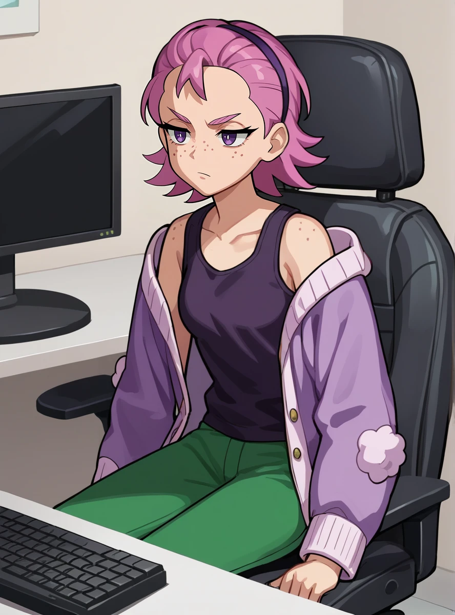 score_9, score_8_up, score_7_up, score_6_up,source_anime , intricate details, detailed face  anime coloring,  anime_lineart anime screencap,  <lora:Dotpokeani:0.8>solo, tiedhairdot, 1girl, pink hair, short hair, , green pants, pants, tank top,  sitting,,    open jacket, purple eyes,  freckles, forehead, expressionless, annoyed, computer, keyboard \(computer\),  typing,  hairband, purple jacket,