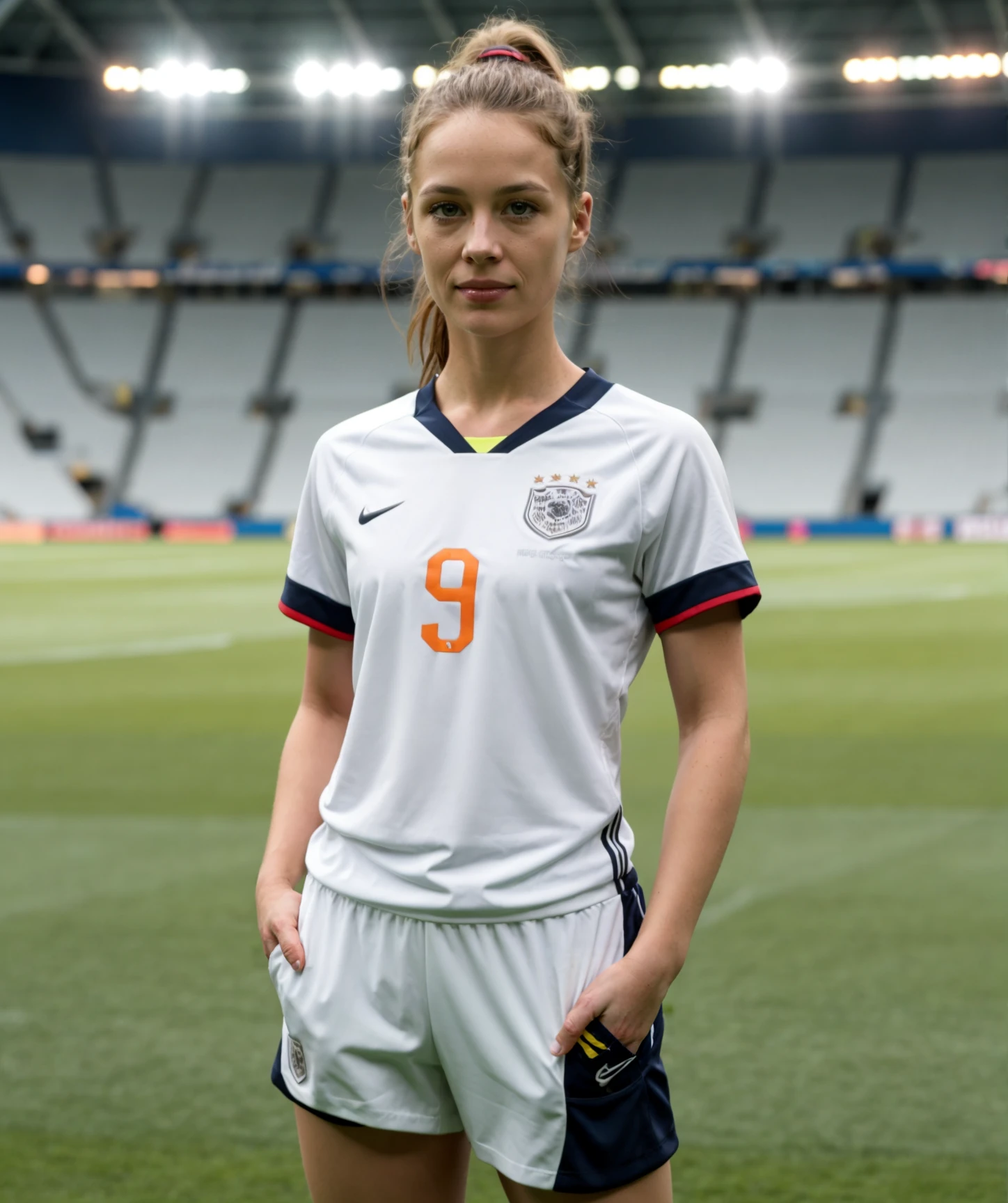 <lora:add_detail:0.5>, (retro:0.6), (best quality, 8k, realistic face, solo, looking at viewer:1.10), <lora:Paula:0.85>, 1woman wearing soccer jersey, grass, on soccer field, stadium, upper body, white shirt, german soccer team, standing, hand in pocket, detailed hands