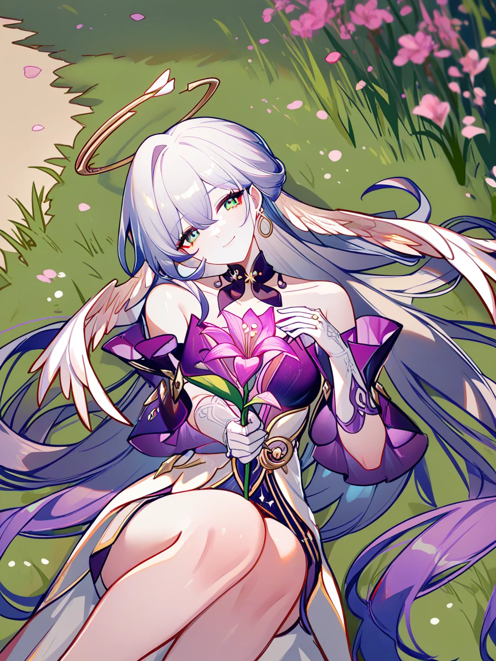 1girl,solo,robin \(honkai: star rail\),halo,mechanical halo,very long hair,earrings,jewelry,green eyes,head wings,detached sleeves,white gloves,
light smile,looking at viewer,head tilt,reaching out,
fetal position,lying,holding flower,
outdoors,landscape,grass,flower,
close up,from above,upper body,
<lora:robin_1-000028:1>,<lora:Sheya_2:1>,