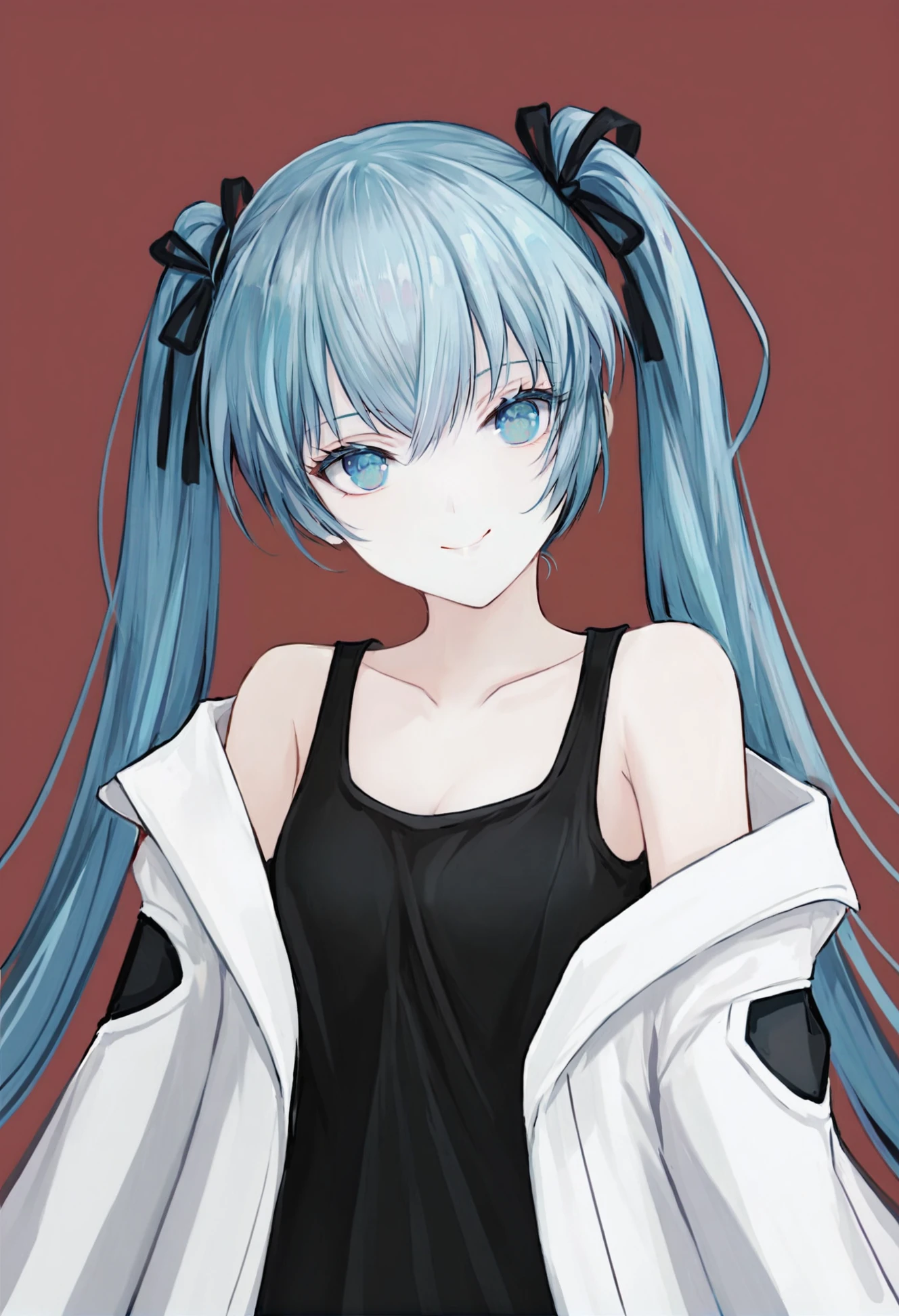 masterpiece, best quality,1girl, solo, long hair, hatsune miku, red background, v, looking at viewer, smile, twintails, aqua eyes, upper body, aqua hair, blue hair, off shoulder, simple background, shirt, black tank top, long sleeves, closed mouth, blue eyes, hair ribbon, head tilt, camisole, jacket, white jacket, tank top, ribbon, black ribbon, bow ,
 <lora:å±±é¬¼äºè°£XLlokr4f-000189:0.95>