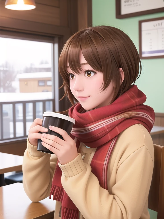 A three-quarter view of an anime high school girl in a cozy café, wearing a casual outfit with a scarf. Her hair is short and cute, and she holds a cup of coffee, looking at a friend.