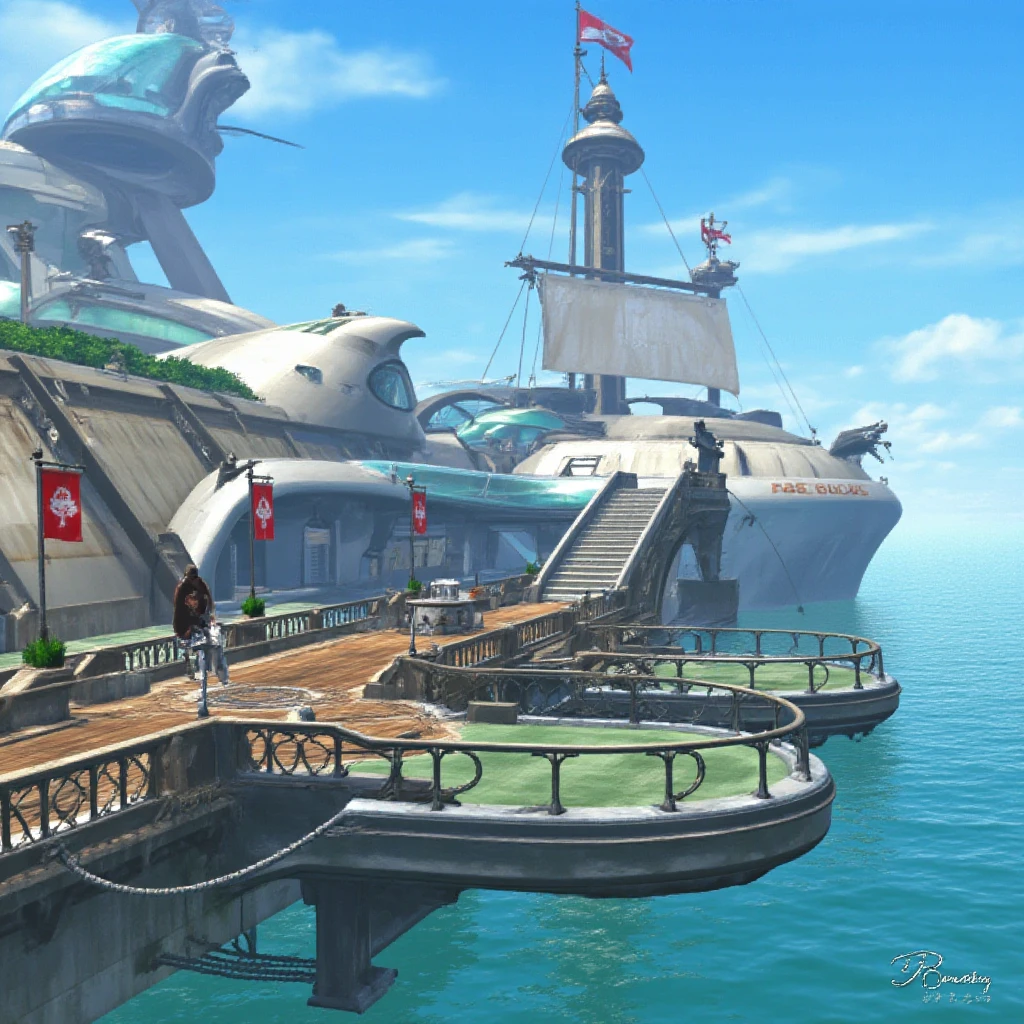 ff8bg artstyle of a ship harbor on a sunny day