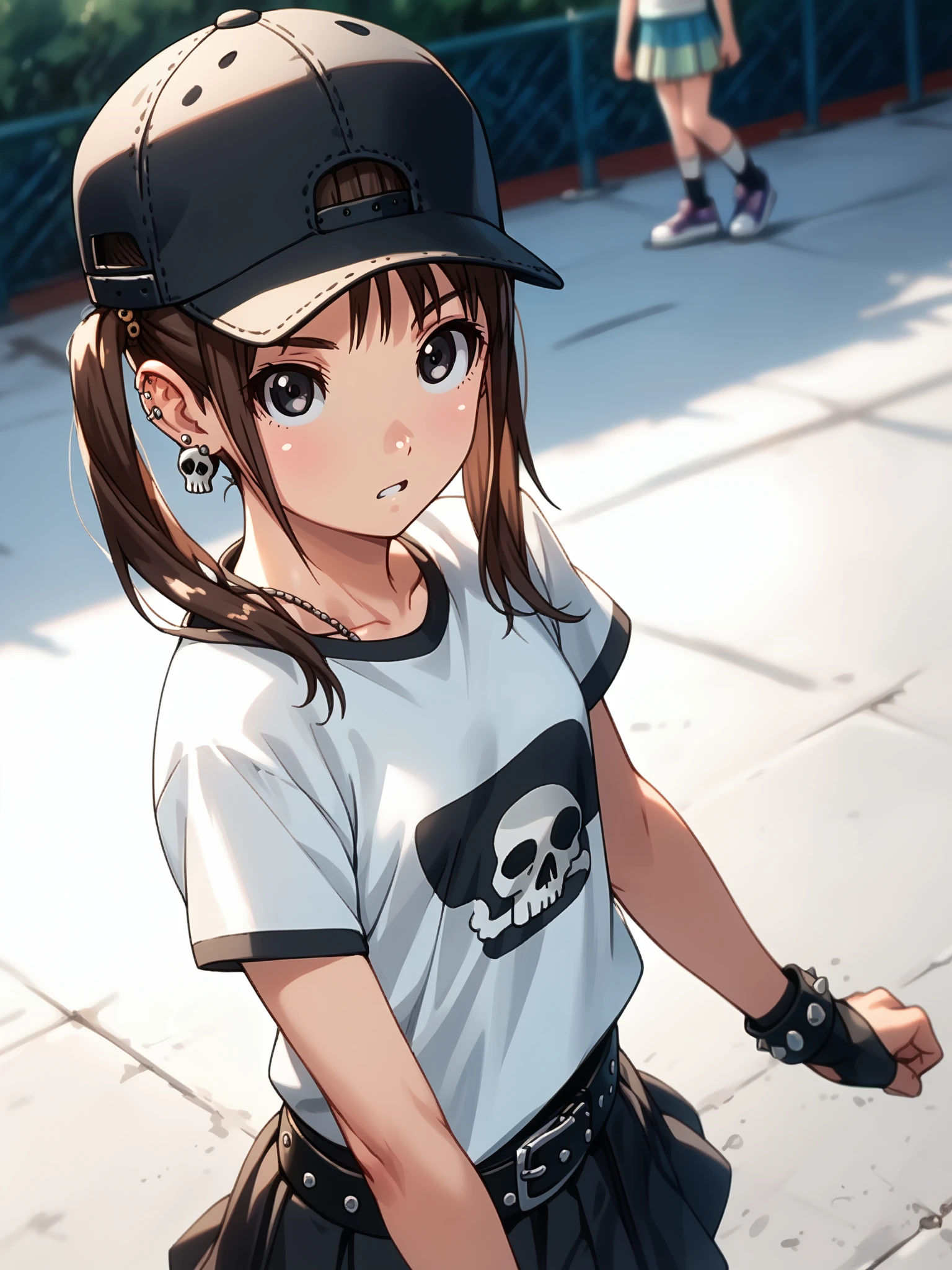 (upper body, solo focus:1.2) <lora:happy_tentacle-mio-v0.4-000025:1>, ht_mio, brown hair, black eyes, twintails, (petite:1.2), <lora:Shed_The_Skin's StS_age_slider_v1_initial_release:-1> ( :1.1) (( surprised :1.2), (looking at viewer:1.2) :1) outdoors, vegetation, (overgrown :1.1), spring \(season\) , (day :0.6), (blue sky:0.6) , ((sidelighting:0.5), (light rays, light particles:0.5) :0.5), people , ( :0.9), skate park, (punk:1.2), (belt, t-shirt, skirt, sneakers, backwards hat, baggy clothes, kneehighs, piercing:1.1), skull pin, skull earrings, (( from above :1) :0.8) score_9, score_8_up, score_7_up, score_6_up, score_5_up, score_4_up, ( [(realistic, photorealistic:1.3):(realistic:1.2):14] [(3d:1.2)::12] [:anime coloring:10] :1) <lora:LUUNA's Lunas-NijiJourney-SDXL-B2:0.35>, nijijourney <lora:prgfrg23's Counterfeit-V3.0 Style SDXL_LoRA_Pony Diffusion V6 XL:0.6> <lora:mfcg's mfcgXL:0.12> <lora:reweik's gyokai(himehajime)_PonyXL_style_v01:0.14>