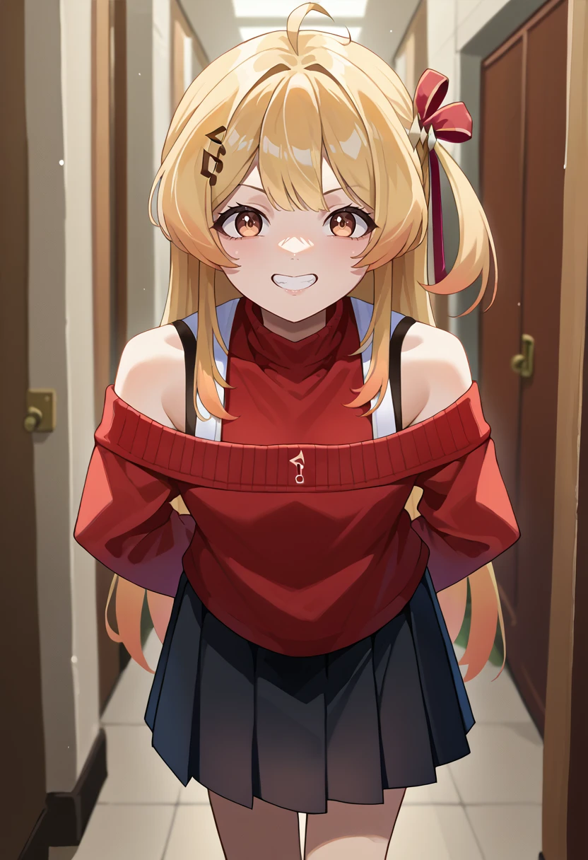 score_9, score_8_up, source_anime, 1girl, solo, OtonoseKanade, long hair, one side up, hair ribbon, musical note hair ornament, red sweater, off-shoulder, looking at viewer, black skirt, pleated skirt, hallway, grin, arms behind back, leaning forward, <lora:ChamOtonoseKanadePonyXL:1>