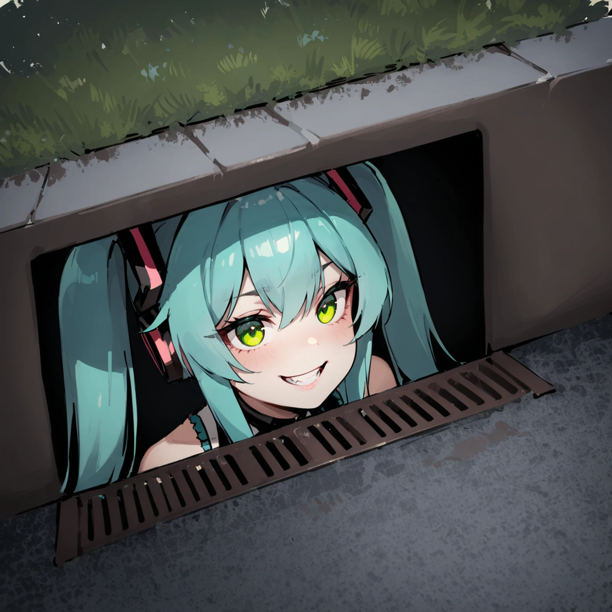 masterpiece, best quality, very aesthetic, absurdres , realistic
1girl, solo, hatsune miku, in the sewer, green eyes, grin, shadow, <lora:Pennywise_in_the_sewer:1>