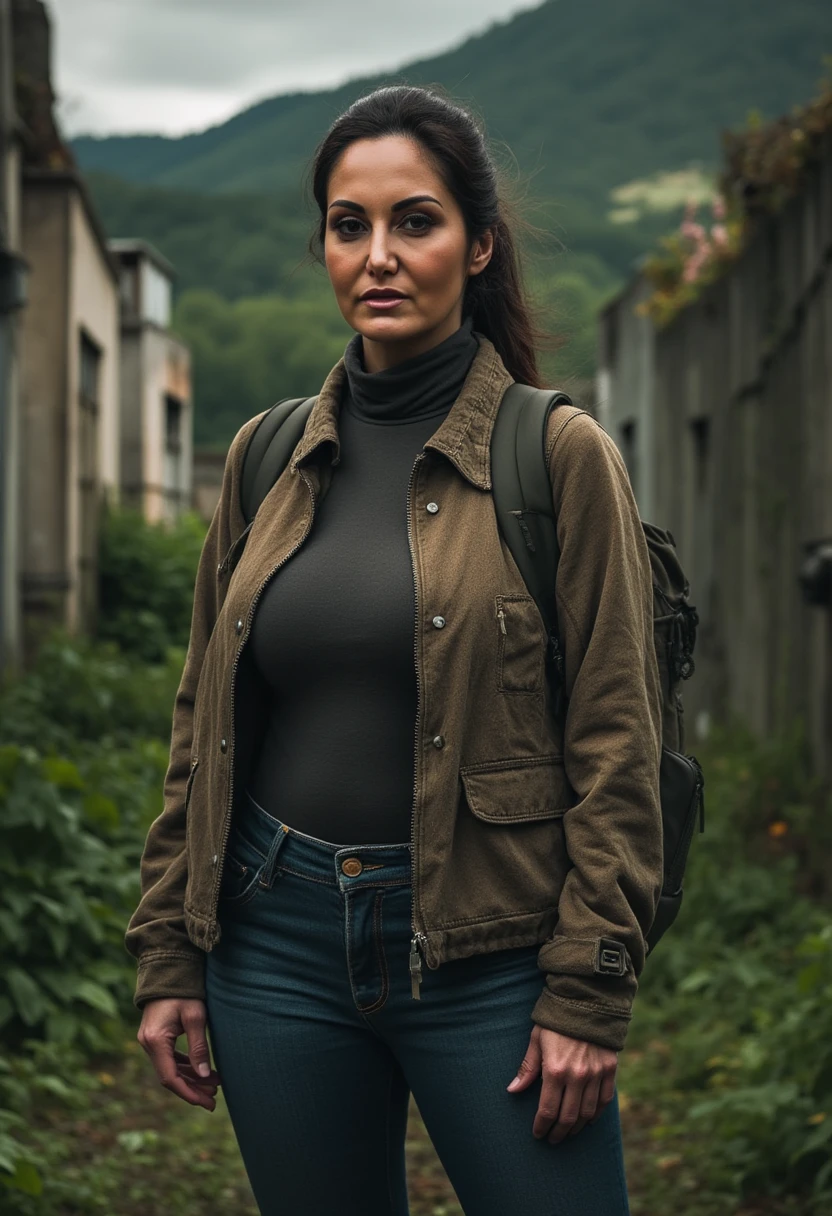 A professional medium-shot portrait of Ava Addams. She is dressed in a rugged outfit: a faded high-neck turtleneck sweater, jeans, and a backpack. She stands in an overgrown, post-apocalyptic cityscape, with dilapidated buildings and foliage in the background. The lighting is moody, highlighting her resilience and survival instincts.