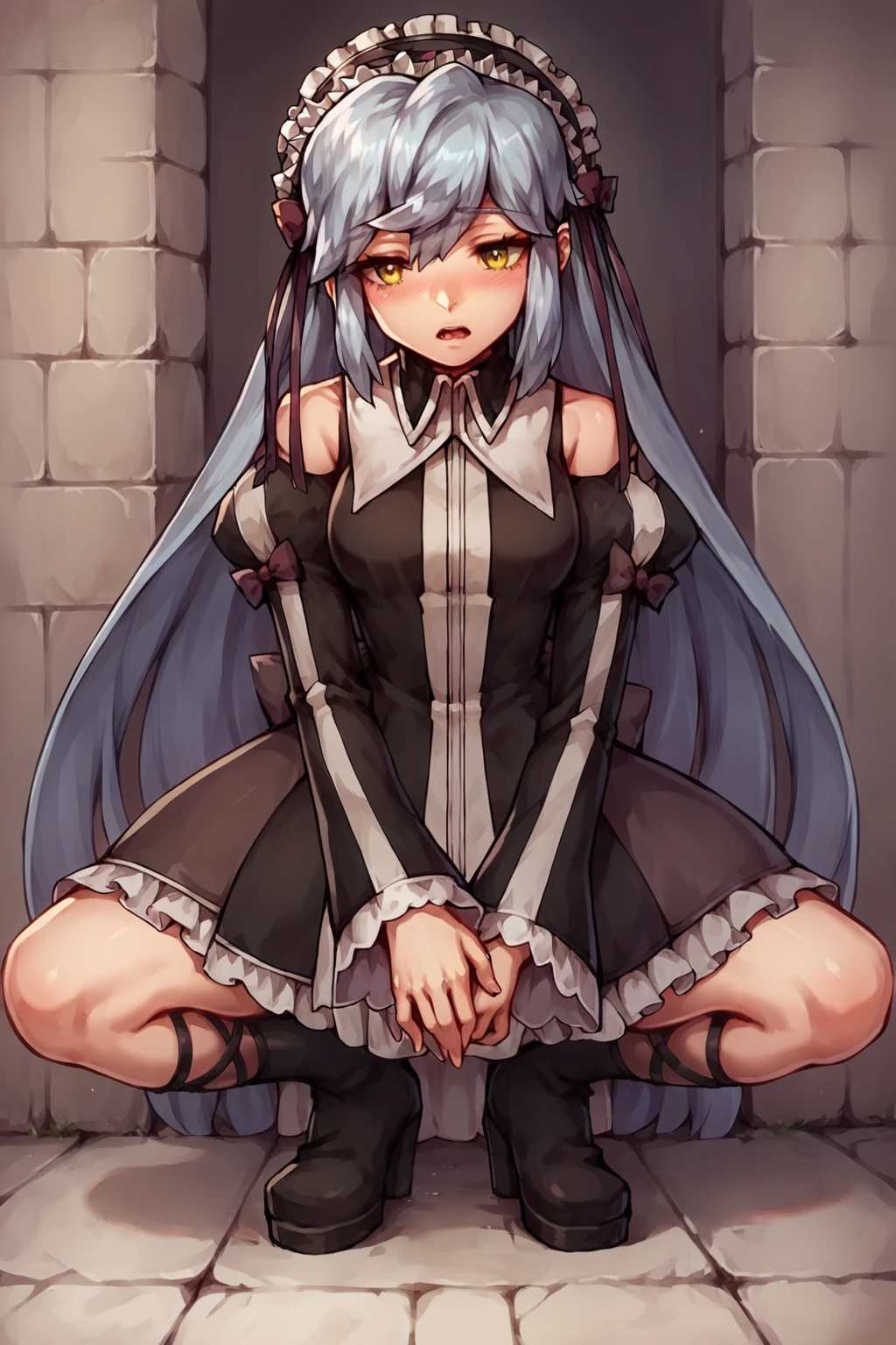 masterpiece, best quality, girl,(((ojousama))), ((blush)),hat,black hair, blue eyes,blue dress,((lolita_fashion)),((white pantyhose)),((((mary_janes)))), ((arms_behind_back)),((legs together)), (((bondage))), (((shibari))),(((gag))),
