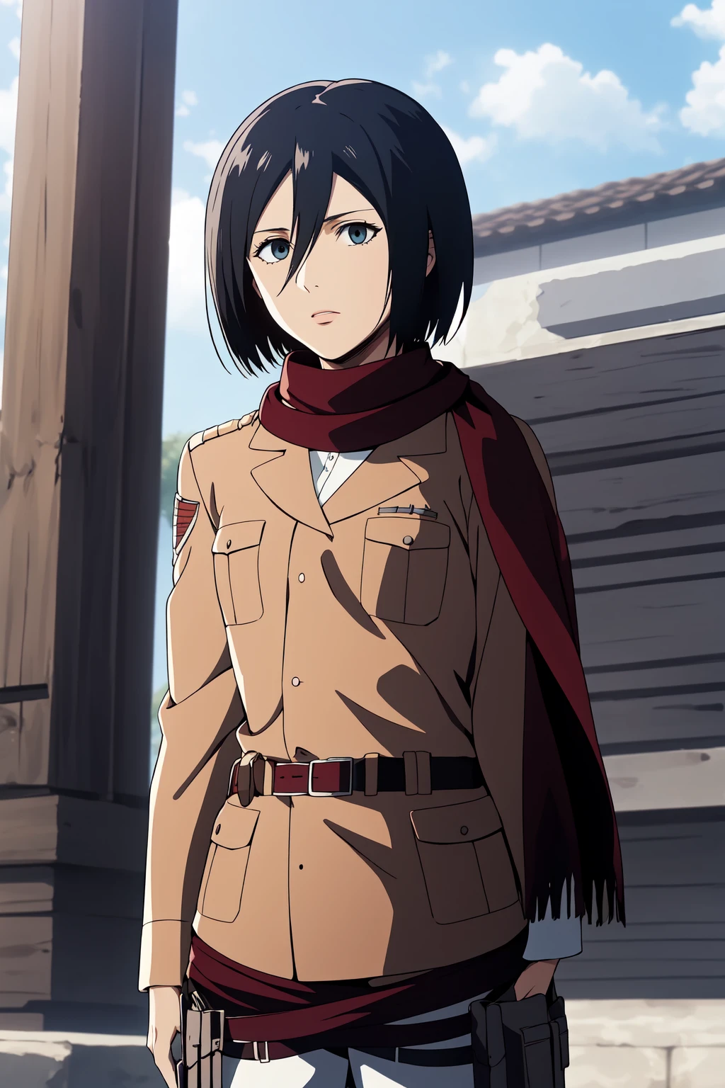 (RAW photo, best quality), 1girl,  natural lighting, outdoor,
 <lora:aot_mikasa_young_v1_2:0.8> aot_mikasa, paradis military uniform, red scarf,