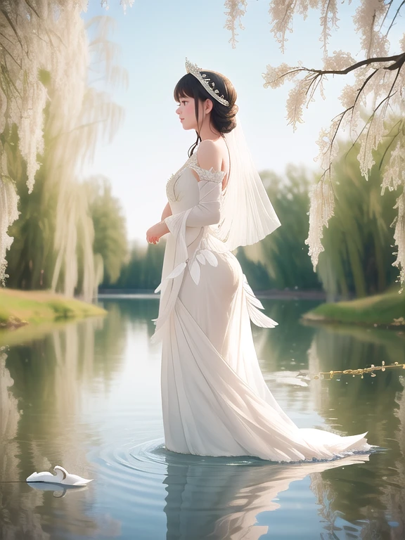 A delicate swan maiden by a tranquil lake, dressed in a white gown with feather details. Her hair is adorned with a crown of swan feathers, and she stands gracefully on the shore. Swans glide on the water, with willow trees swaying in the breeze.