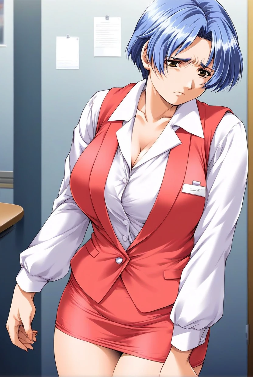 score_9, score_8_up, score_7_up, source_anime, rating_explicit, BREAK  <lora:Shiraishi_Momoko_XL:1> ShiraishiMomoko, blue hair, short hair, large breasts, brown eyes,
1girl, solo, skirt,  office lady, sad, vest, shirt, pencil skirt, long sleeves