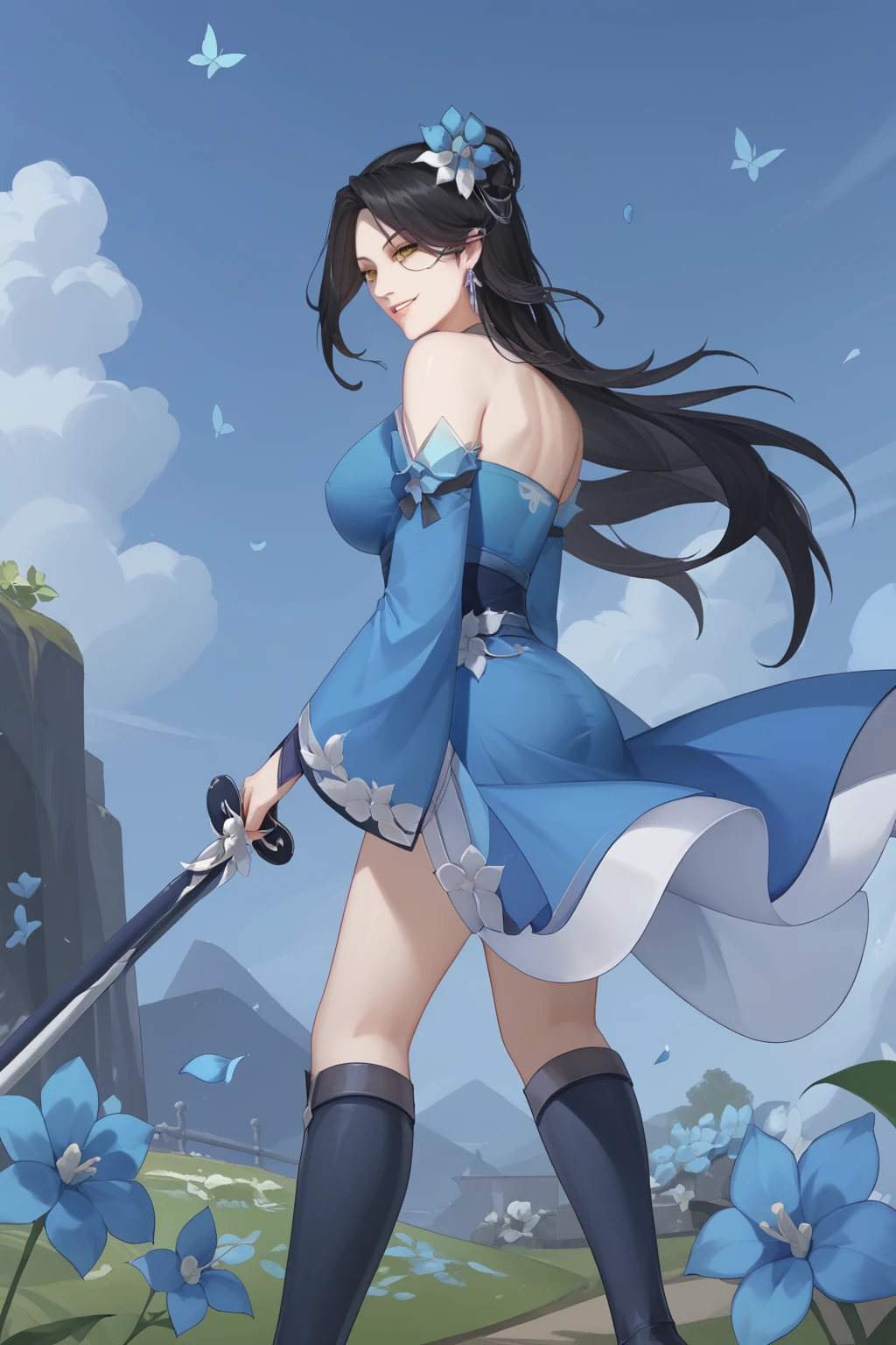 cai lan, black hair, long hair, blue flower hair ornament, yellow eyes, earrings, blue bare shoulder dress, dress with slit, detached sleeves, dark blue boots, holding a sword,
(nsfw), (uncensored), (score_9), score_8_up, score_7_up, source_anime, cowboy shot, dynamic pose, Happy, Smile, Parted Lips, blush, ashamed, shy, sexy, charming, alluring, seductive, enchanting, erotic,
((outdoors)), ((flower garden)), ((flowers)), ((many flowers)), spring petals, petals of flowers, spring, falling petals, flying butterflies<lora:EMS-451105-EMS:1.000000>