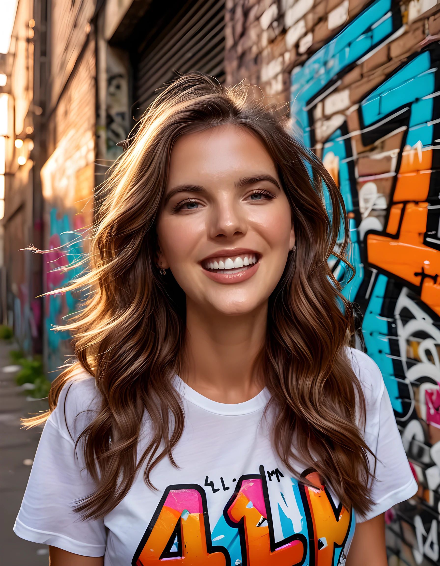 A close-up image captures 4L1N4M, a woman with long, wavy brown hair cascading down her shoulders, wearing a vibrant, graffiti-inspired shirt emblazoned with the word \\\"4l1n4m\\\" in bold, colorful letters. She stands in an abandoned urban alleyway, surrounded by the remnants of decaying brick walls adorned with intricate street art. The sunlight filters through the graffiti-covered windows overhead, casting a warm, golden glow on her smiling face and emphasizing her bright white teeth as she gazes directly into the camera, her eyes sparkling with mischief and excitement. The emotional tone is playful and full of life, capturing the spirit of urban exploration and the thrill of discovering hidden gems in unexpected places.