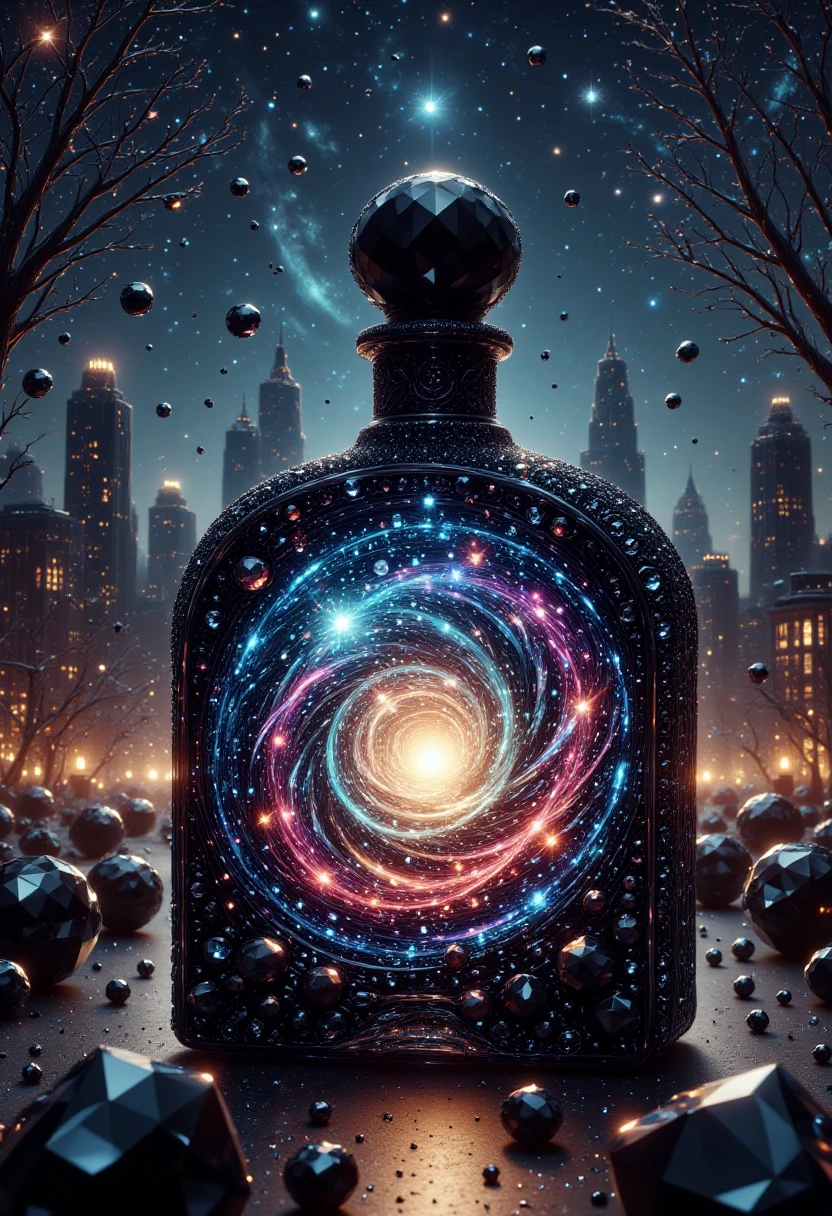 60s illustration style, Painting of a In the heart of a bustling black diamonds city, a painting depicts a scene of the iconic Draco constellation. Inside a Perfume bottle made out of black diamonds, a colorful and intricate swirling pattern fills the air. Wide view, Ultra Real, Depressing, atmospheric perspective