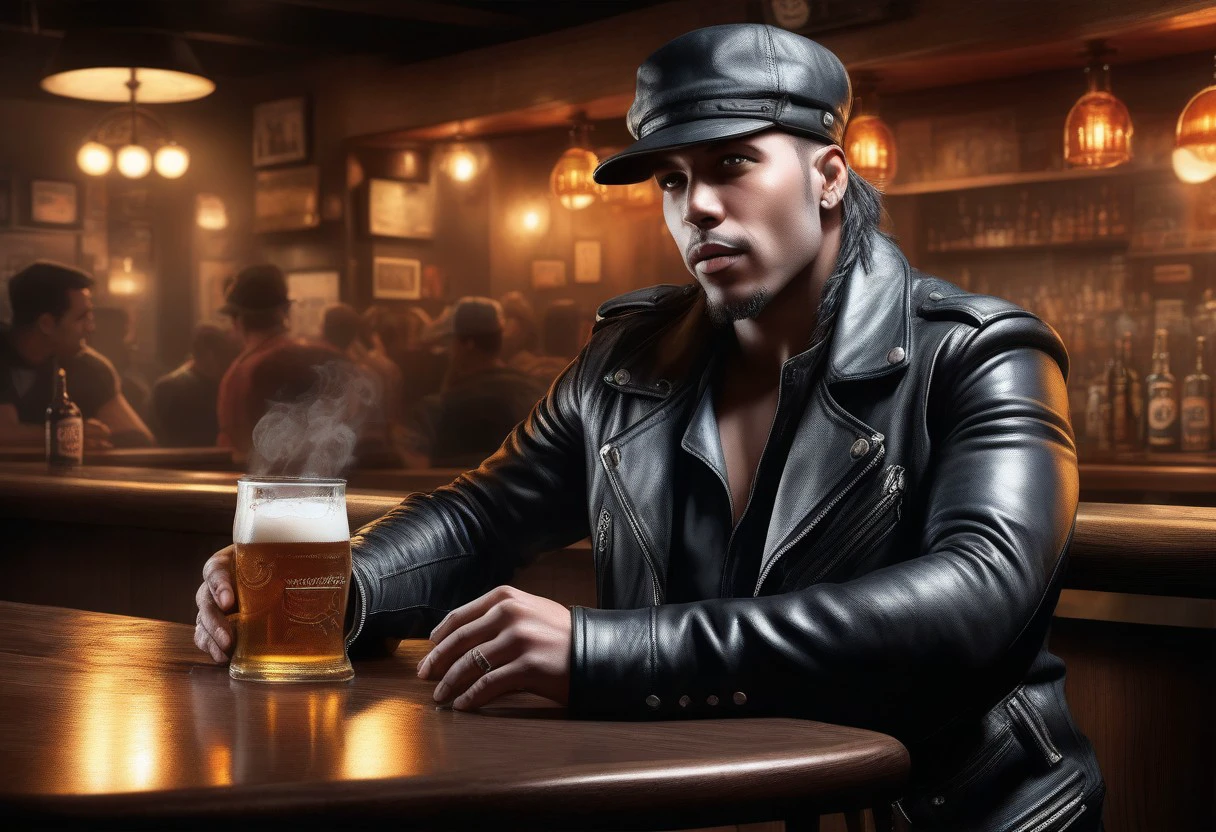 "Ultra realistic with high quality and ultra detail with excellent focus and contrast, of a photorealistic style image of 1 man dressed in rocker clothing leather jacket, leather hat, leather pants and leather boots sitting in a smoky bar drinking beer, correct and accurate anatomy ,correct objects and detail in the image excellent visualization of the whole picture,