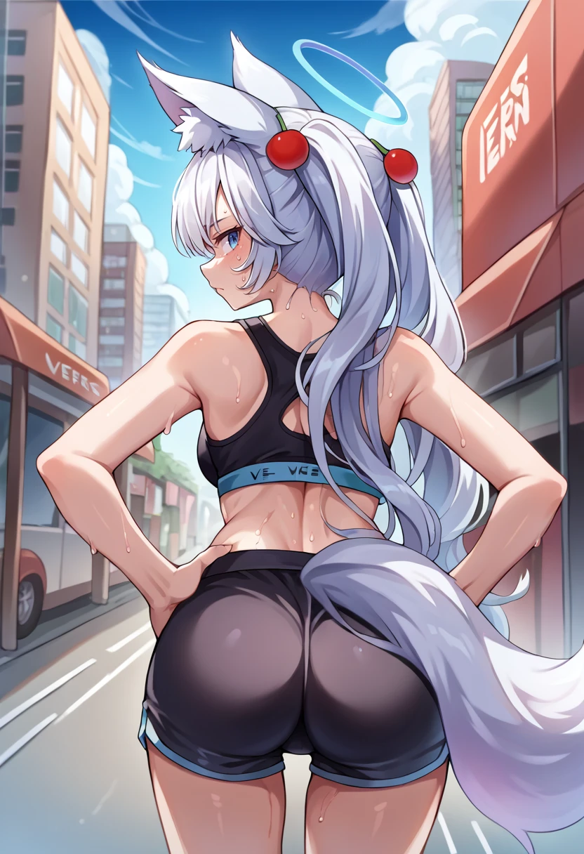 score_9, score_8_up, source_anime, 1girl, solo, KirscheVerstahl, animal ears, long hair, twintails, hair ornament, halo, tail, from behind, sweat, looking back, hands on own hips, black sports bra, black shorts, short shorts, ass, outdoors, city street, <lora:ChamKirscheVerstahlPonyXL:1>