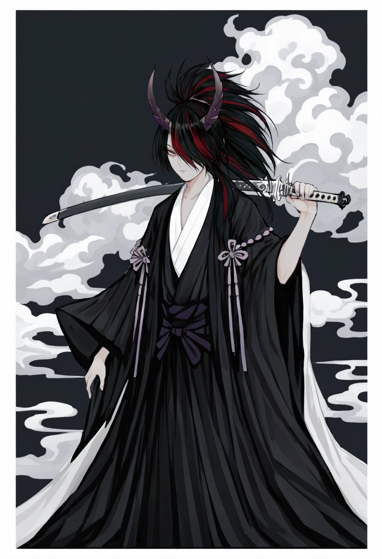 masterpiece, best quality,weapon, sword, solo, black hair, holding, holding weapon, red hair, holding sword, japanese clothes, horns, long hair, multicolored hair, katana, male focus, 1boy, kimono, over shoulder, ponytail, smoke, wide sleeves, hair over one eye, streaked hair, weapon over shoulder, standing, looking at viewer, closed mouth, black kimono, long sleeves 
<lora:å±±é¬¼äºè°£XLlokr4f-000189:0.95>