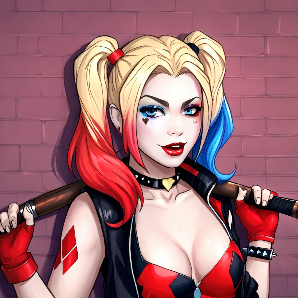 <lora:harleyquinnrebirth_pony_v1:1> harleyquinnrebirth, 1girl, medium breasts, baseball bat, fingerless gloves, twintails, short shorts, open jacket, blonde hair, makeup, multicolored hair, cleavage, single glove, choker, belt, blue eyes, heart, eyeshadow, spiked bracelet, spikes, midriff, blue hair, shotgun, crop top, nose, open clothes, lipstick, jewelry, tattoo, red gloves, black jacket