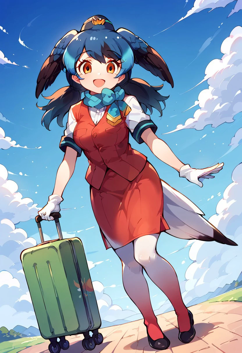 1girl, ((solo)), best quality, ultra-detailed, extremely detailed, perfect anatomy, masterpiece, score_9, score_8_up, score_7_up, Expressiveh, passenger pigeon (kemono friends), multicolored hair, blue hair, black hair, head wings, bird tail, bangs, orange eyes, long hair, twintails, red vest, white shirt, short sleeves, white gloves, red skirt, gradient skirt, hat, garrison cap, gradient legwear, pantyhose, scarf, pencil skirt, blue bowtie, black heels, standing, smiling, happy, staring at viewer, blue skies background, clouds, open mouth smile, dutch angle, closeup, rolling suitcase, dragging suitcase,