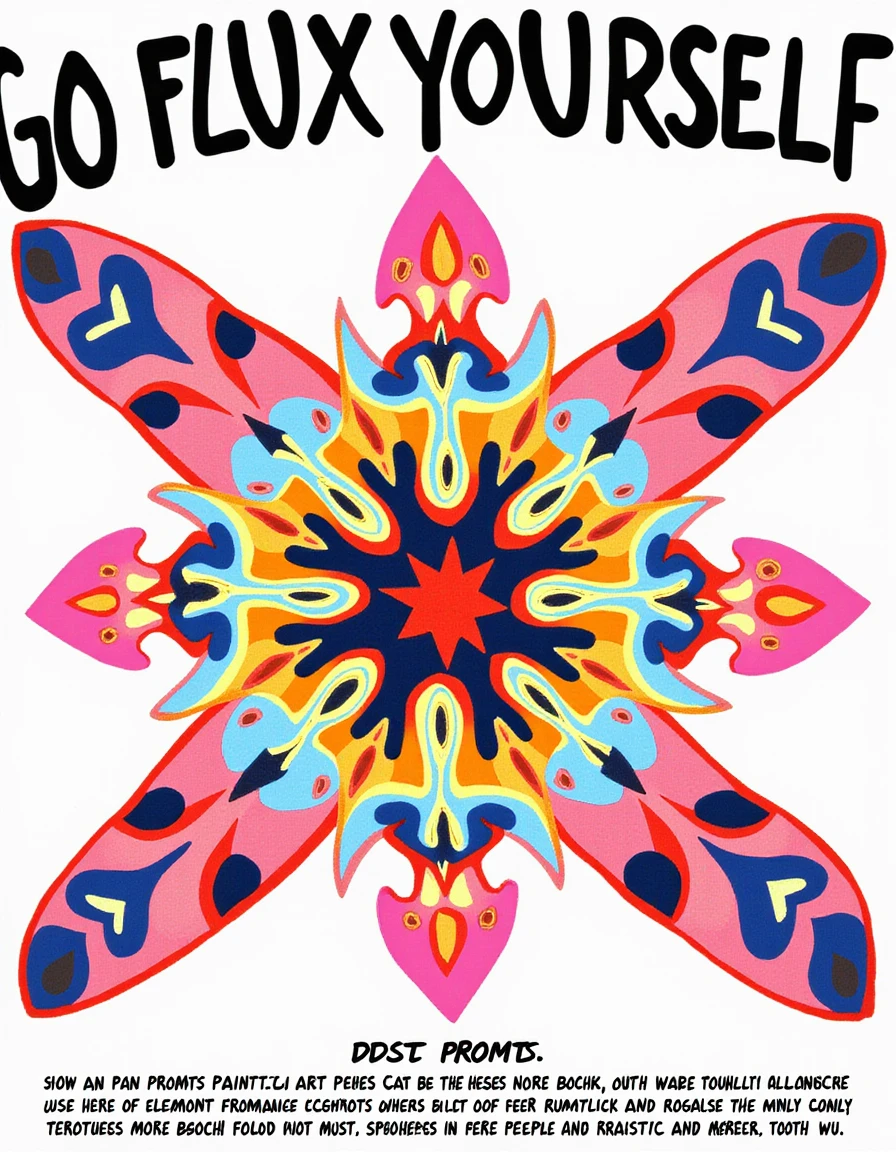 foreground text that says "Go FLUX Yourself" as a stylised poster, In the background add, {
"prompt": "Paint a digital art piece inspired by Hieronymus Bosch's masterpieces. Incorporate elements from the works of Adrian Ghenie, Greg Rutkowski, and Takato Yamamoto, while maintaining a symmetrical layout. The color palette should be vibrant with smooth gradients. You may also include elements from the works of Beeple and Tooth Wu. Use Unreal Engine to achieve a highly realistic, 8k resolution outcome. Make sure to pay attention to lighting and shadows throughout the piece. Consider adding cinematic elements such as depth of field or motion blur."
}