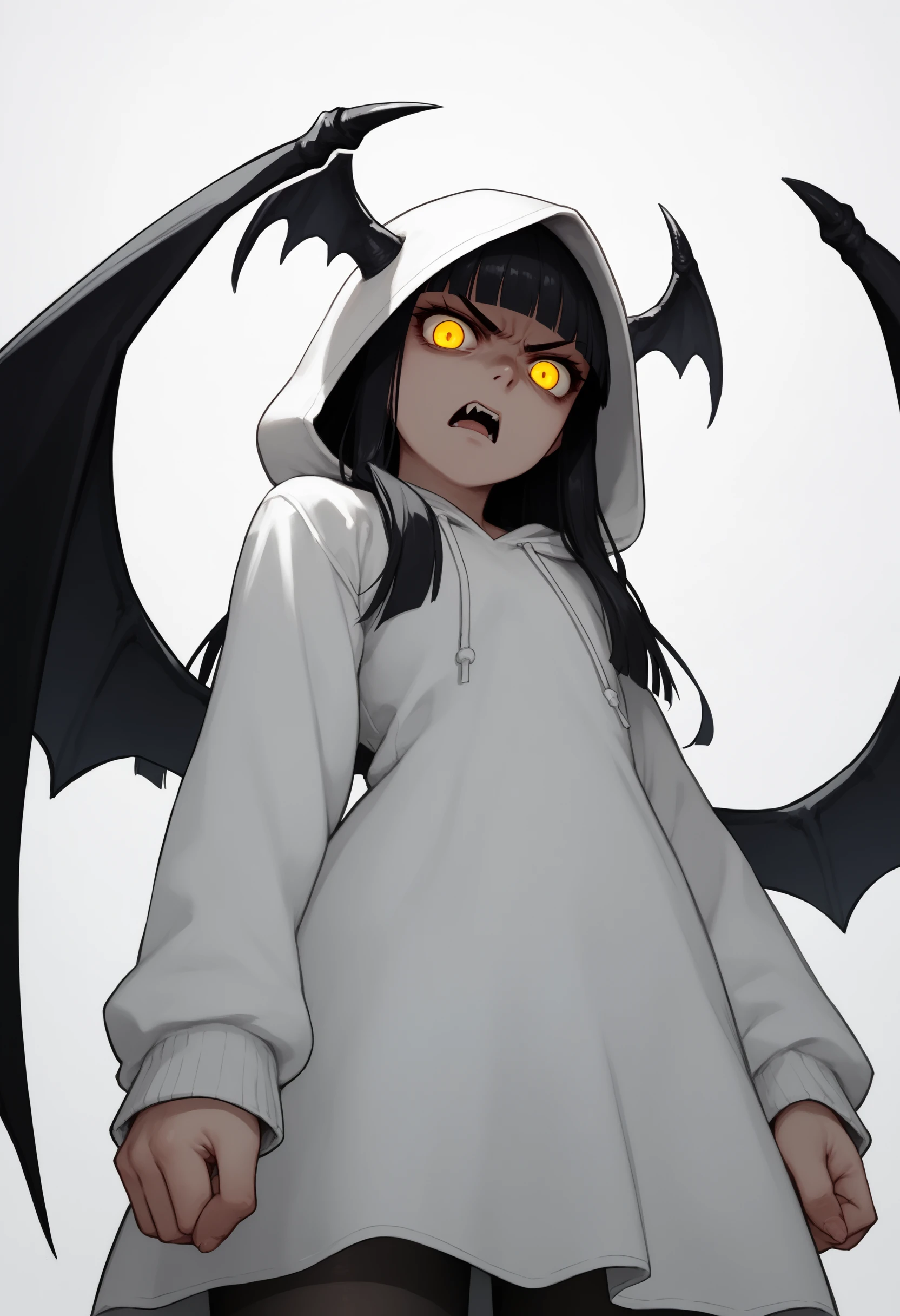 score_9, score_8_up, score_7_up, BREAK 
1girl, upper body, (demonic:1.25),(disgust:1.25), (white theme:1.1), black pantyhose, simple background, shading eyes, blunt bangs, long hair, blunt ends, yellow eyes, detached wings, looking at viewer, demon wings, black hair, dress, black wings, demon girl, from below, solo, pantyhose, hood, open mouth, hands up, wings, hoodie