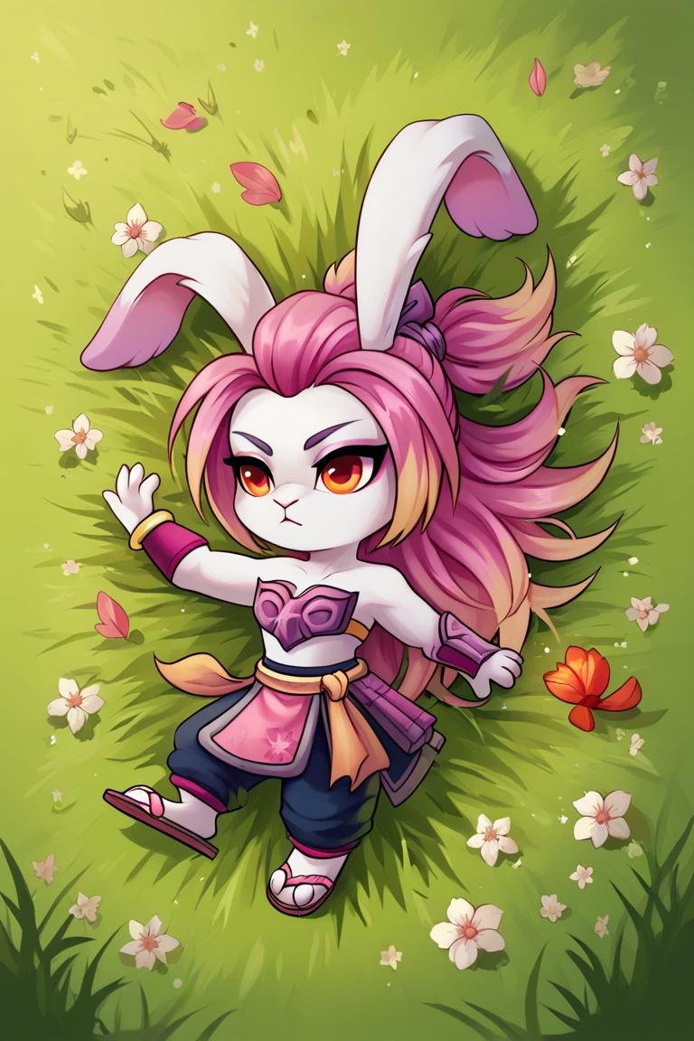 score_9, score_8_up, score_7_up, gunfiretao, bottomwear, bracelet, bracers, breastplate, cleavage, dipstick hair, floppy ears, footwear, lagomorph, leporid, long ears, long hair, mammal, midriff, navel, pants, pauldron, pink hair, pink nose, red eyes, sandals, white body, chibi, grass, on back