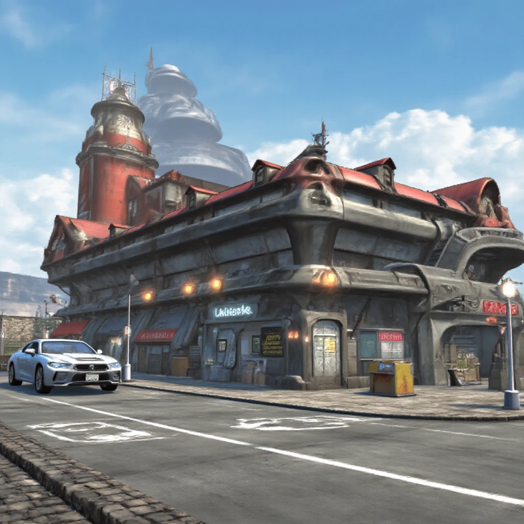 ff8bg artstyle of a gast station with a car parked on the street in the background. 3D CG render in 4K, with highest settings of Unreal Engine 5.