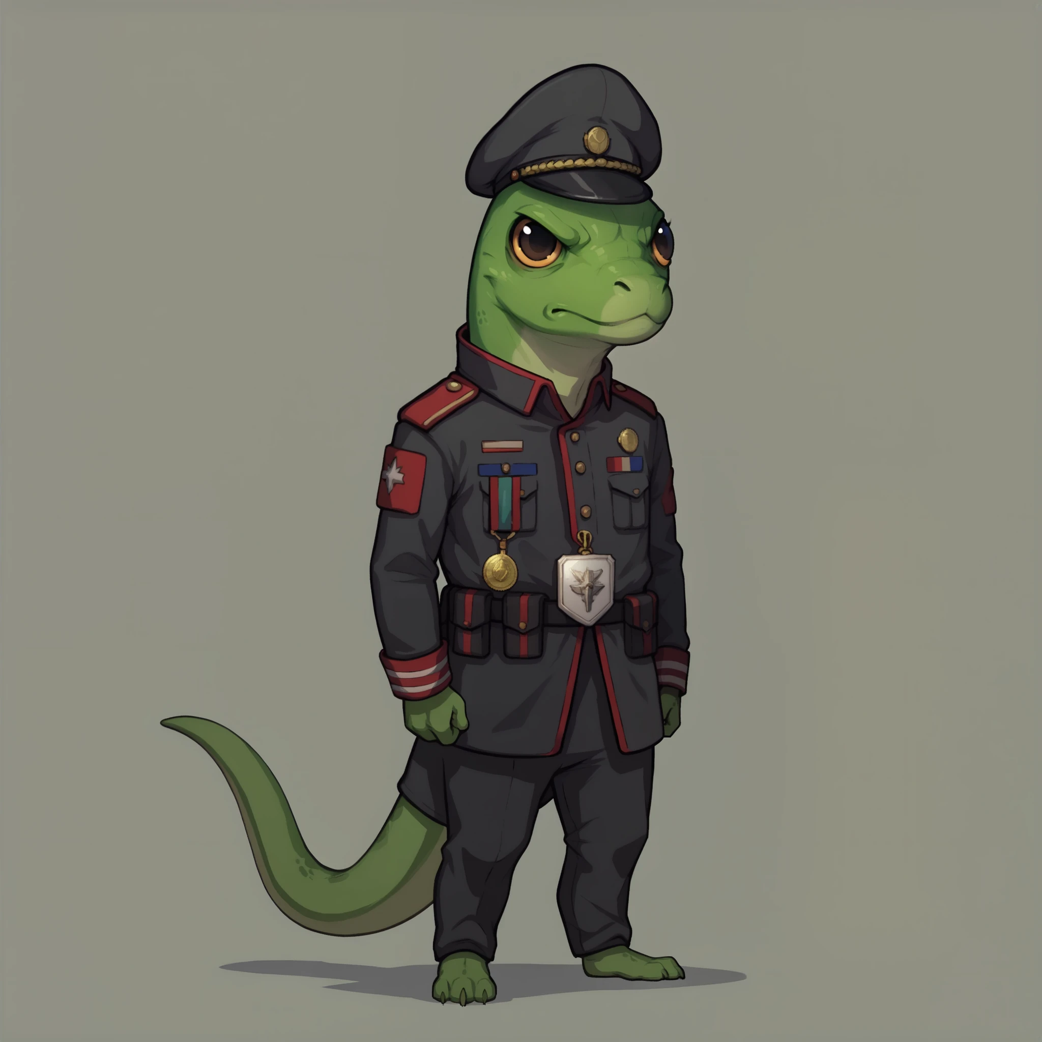 score_9, score_8_up, score_7_up, source_furry, solo, <lora:prikkiki-ti:0.7>, prikkikiti, green skin, nostrils, lizard tail, reptile, science fiction, closed mouth, angry, military uniform, medals