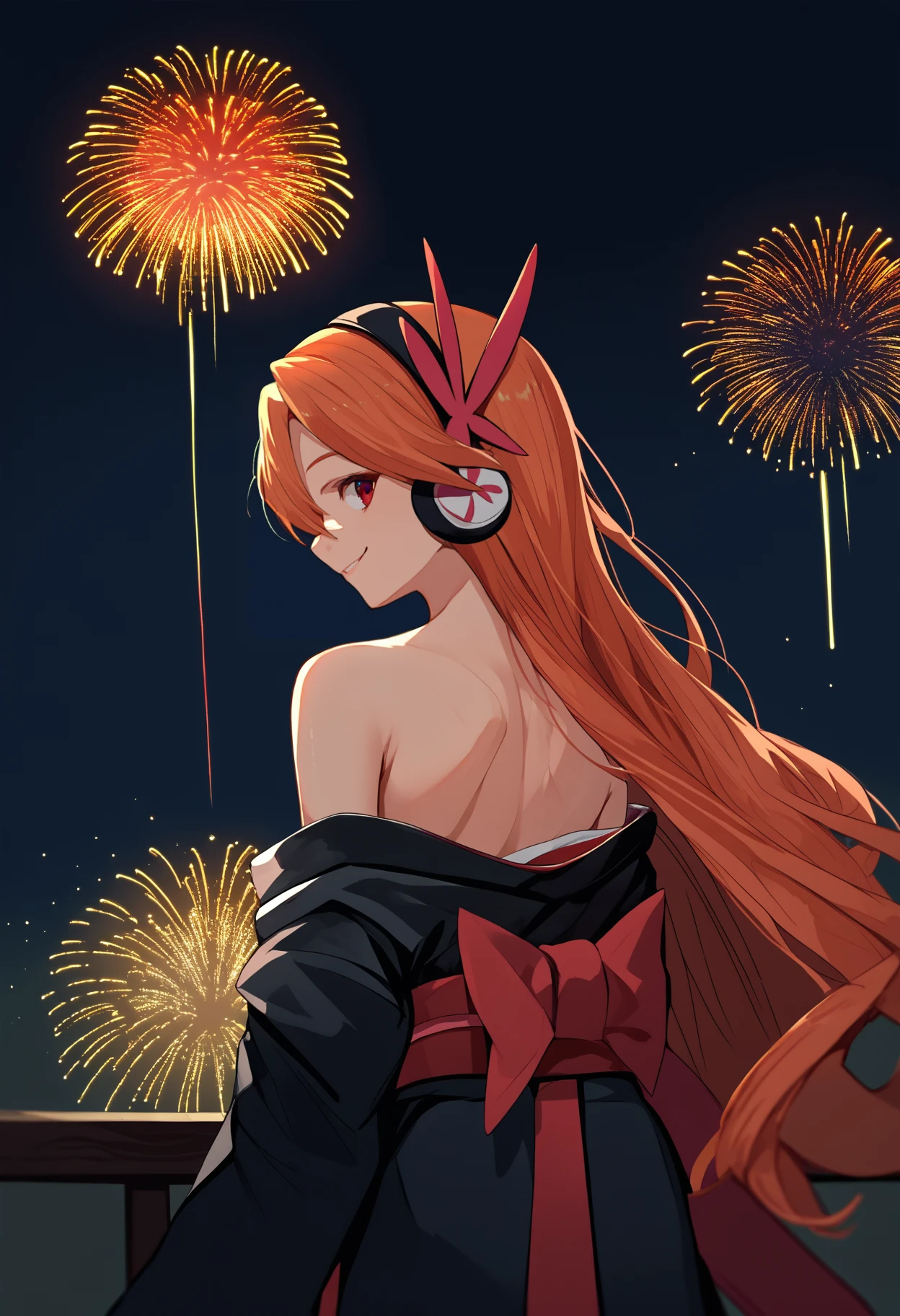 score_9, score_8_up, score_7_up, source_anime, from behind, solo, 1girl, agkchelsea, smile, looking back, orange hair, hair ornament, headphones, japanese clothes, black kimono, off shoulder, red sash, bare shoulders, fireworks
<segment:yolo-face_yolov8m.pt,0.35,0.5//cid=1>