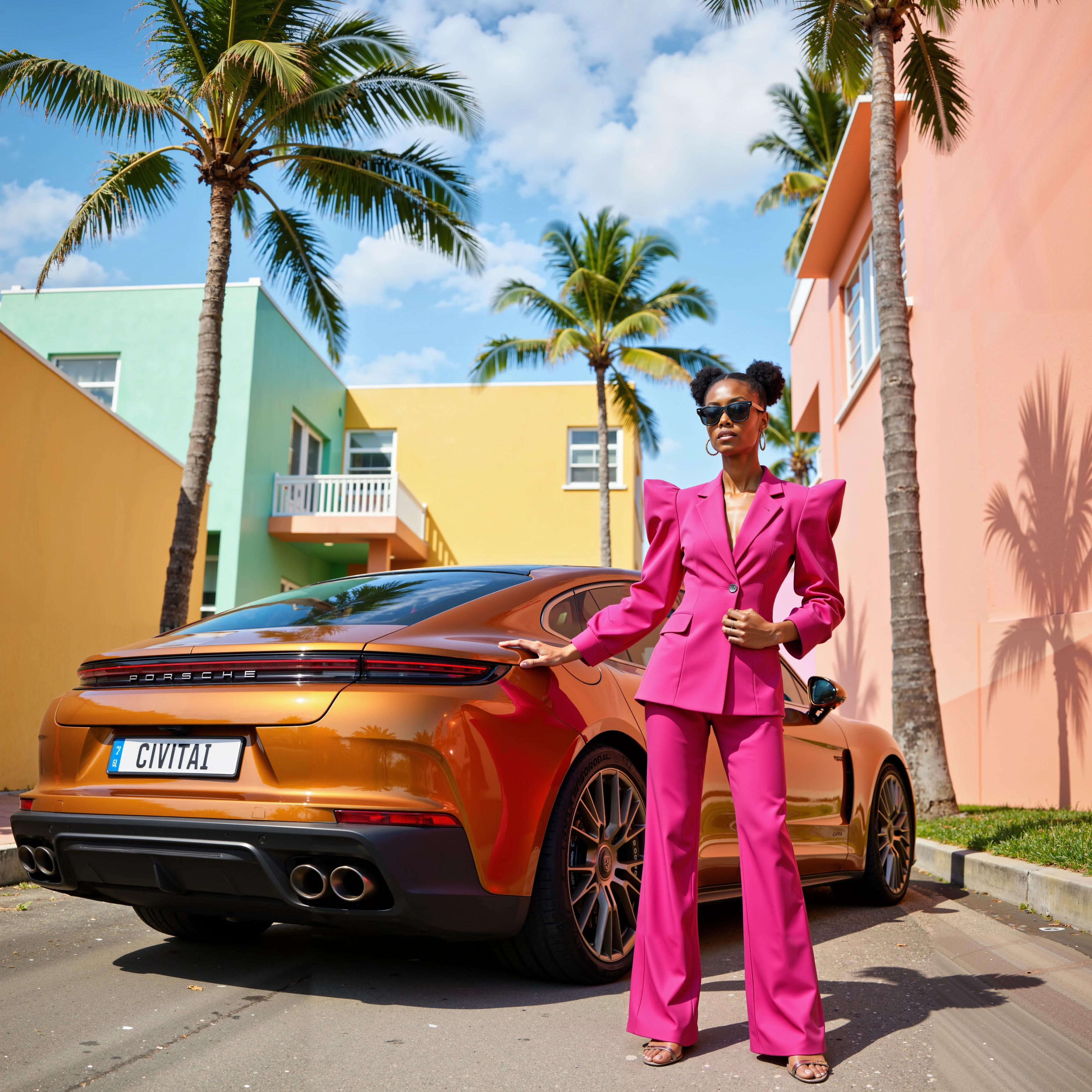 A vibrant fashion photoshoot set in a tropical cityscape featuring a modern Porsche Panamera Turbo E-Hybrid, numberplate reads CIVITAI, The model, exuding chic confidence, poses in a bold, neon pink suit with strong, exaggerated shoulders. She stands next to the sleek Porsche, while the iconic architecture and palm trees frame the scene. The sun casts vivid shadows across the pastel-colored buildings, creating a nostalgic yet contemporary mood. The overall atmosphere combines modern luxury with retro flair, blending high fashion and sleek automotive design in a Miami-style setting.