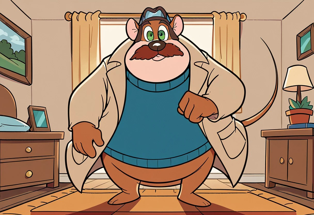 score_9, score_8_up, score_7_up, score_6_up, 1boy, Monterey Jack, mouse boy, male mouse, anthro, Cartoon, detailed background, 4fingers, 4k, ultra detailed, focus eyes, mouse legs, mouse legs, long mouse tail, detailed mouse hands, mouse tail, brown oval nose, white sclera, green eyes, lush red moustache, beige jacket, blue sweater, barefoot, (wooden bedroom:1.4), standing, full body view, low angle view