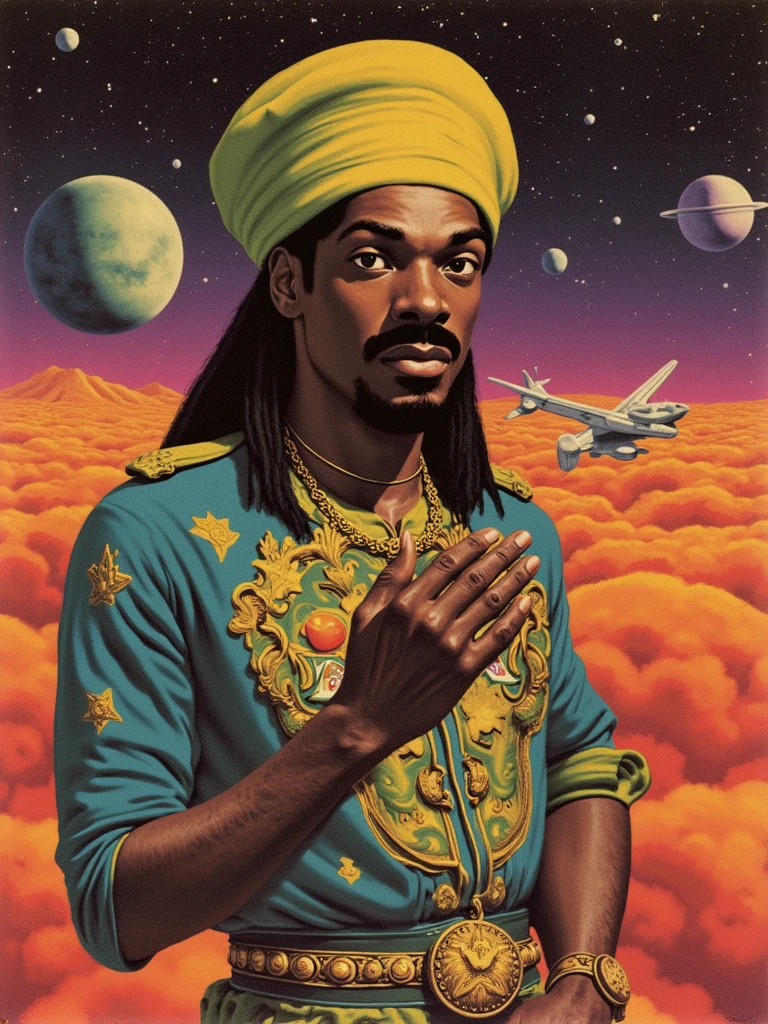 Portrait of a vintage cover featuring Snoop Dogg as an alien from another planet