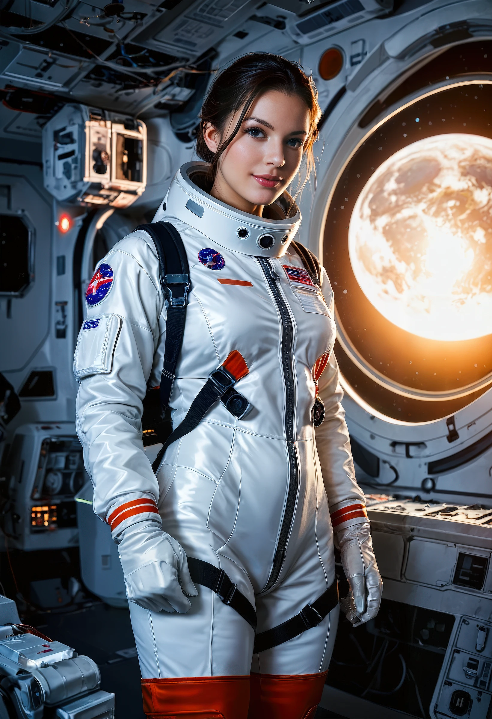 score_9, score_8_up, score_7_up, realistic lighting, photo, photorealistic, 1girl, extreme detailed,highest detailed,official art,beautiful and aesthetic:1.2),colorful,cowboy shot,beautiful face,solo,perfect body,1girl,in space,spacecraft,spacesuit,sun rays,indoors,(wires and cables:1.1),(science fiction:1.2),porthole,illuminator,stars,fantasy,high contrast,ink strokes,explosions,over exposure,purple and red tone impression,abstract,negative space