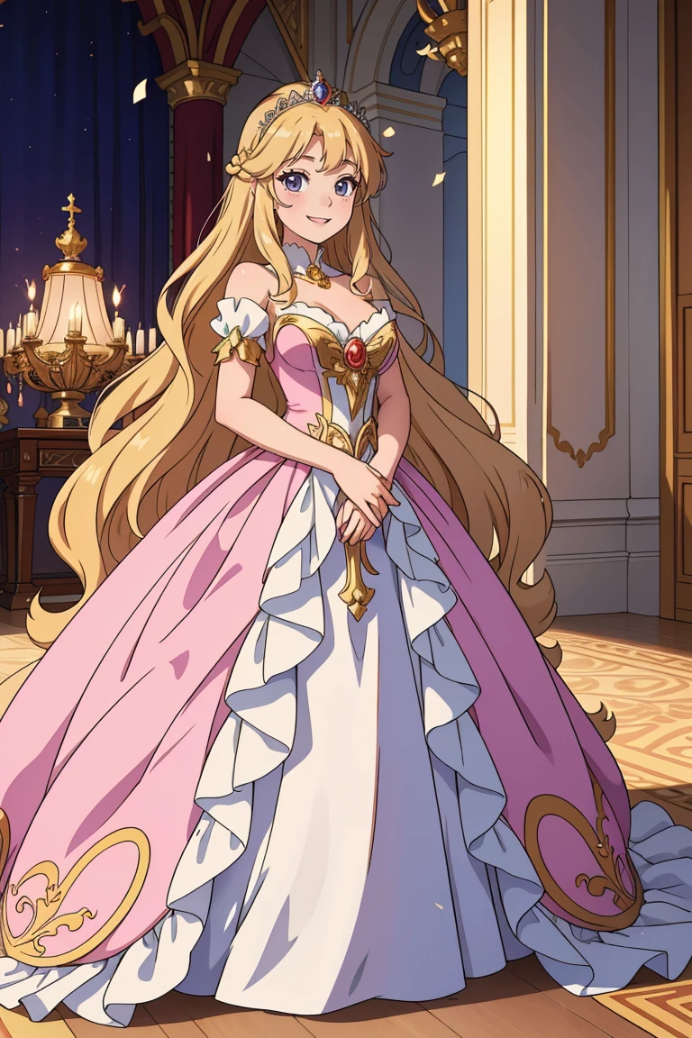 A front-view of an anime fantasy princess in a grand castle, dressed in an elegant gown with a tiara. Her hair is long and wavy, and she smiles gently at the viewer.
