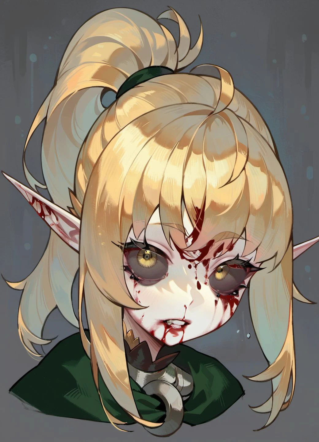 score_9, score_8_up, score_7_up, score_6_up,
geminingenstyle, 1girl, solo, looking at viewer, bangs, blonde hair, simple background, yellow eyes, ponytail, ahoge, sidelocks, parted lips, teeth, pointy ears, grey background, blood, elf, portrait, colored sclera, blood on face, black sclera, blood from eyes, left eye no iris,
<lora:gemi_ningen_style-000008:0.8>,