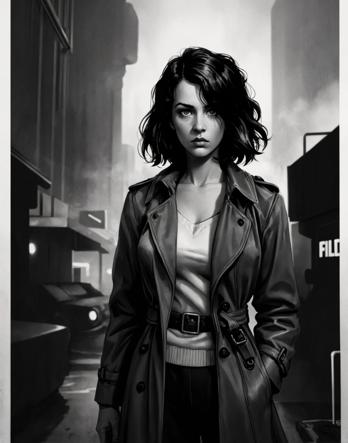 <lora:add_detail:0.5>, <lora:Paula:0.8>, film noir poster with 1woman, retro, minimalism, blade runner, trench coat, monochrome, sci-fi, abstract, best quality, realistic face, looking at viewer, solo, dark tone, steam, standing, <lora:Flat_Design_last:0.5>