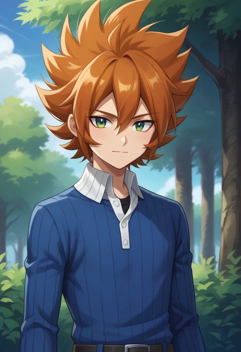 score_9, score_8_up, score_7_up, source_anime, highly detailed, 
shiren, solo, 1boy, male focus, green eyes, orange hair, looking at viewer,
shirt, long sleeves, closed mouth, upper body, spiked hair, belt, sweater, high collar, blue sweater, light smile,
outdoor, sky, tree