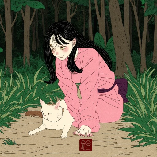 Seigo Suzuki \(Artist\), @Sei5oSuzuki, a woman sitting on the ground next to a cat in the forest, wearing a pink ninja outfit